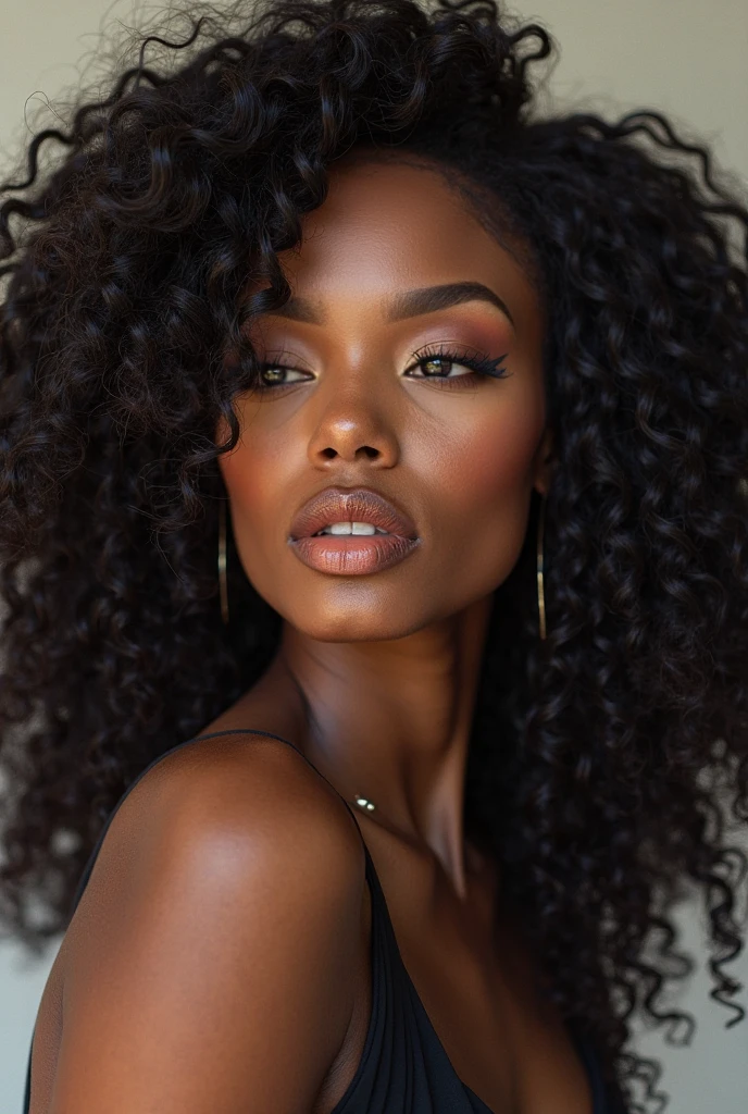 there is a black woman , the woman has curly black curly, she has brown skin, with dark brownish skin, with long curly, long black curly hair she is doing a professional photo shoot with a random girl