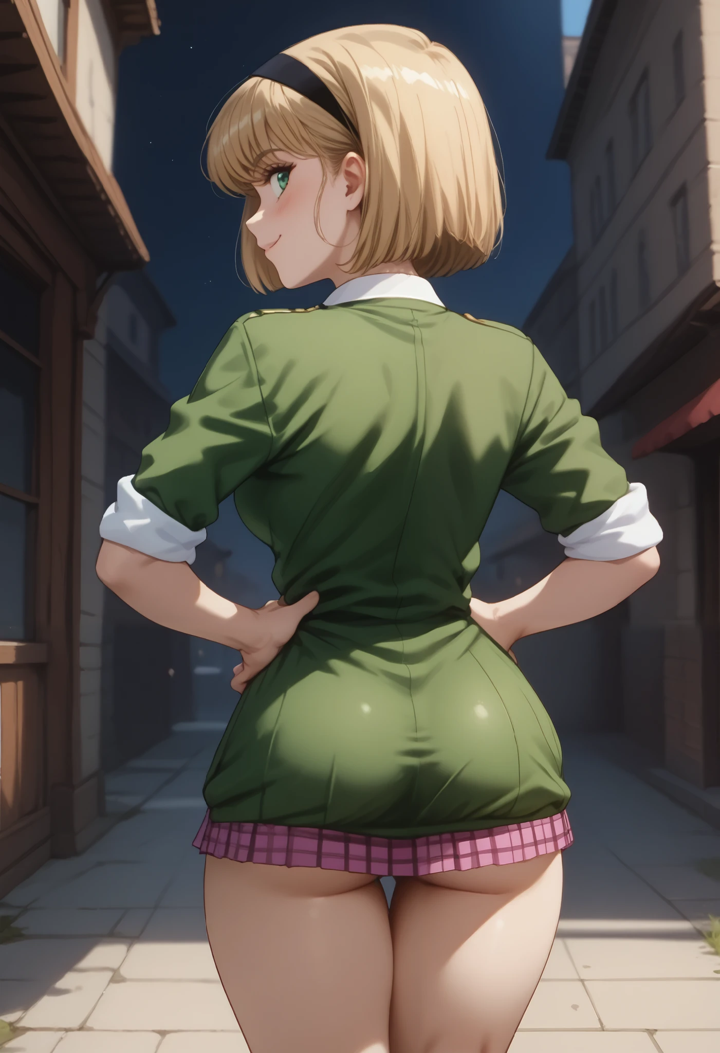 (dynamic angle, wide view, wide-angle lens, extremely detailed, CG, 8k Amazing, finely detail)), (intricate details, depth of field), 8k UHD, (masterpiece, best quality), ((amazing quality,very aesthetic,absurdres,best quality,newest, masterpiece)), ultra detailed, best quality, beautiful face, perfect anatomy, anatomically correct, athletic sexy body, Expressiveh, (cute face, cute body))), ((happy girl, proud to show her body)), ((((Miki H, blonde hair, bobcut, short hair,bangs, green eyes, black hairband, large breast, withe collared shirt, green sweater,blue necktie, sleeves rolled up, plaid pink skirt, white socks))), ((large breasts, slim sexy body, curvy hips, seductive pose, flirting, naughty face, blush)), (((looking at viewer, happy smile, joy, cowboy shot, dynamic pose)))), curvy, toned, athletic, standing, hands on hip, (((seductive pose, sexy pose, cowboy pose)), indoors,((hourglass figure)), ((pinup pose, seductive pose,dynamic pose, seductive), ((precise face and eyes:1)) , ((((rear view, back view, bend over, shot from behind, medium angle shot, looking at back, full body shot, hourglass figure, wide hips)))), fantasy, outdoors, ((highly detailed, highres, 8k, uhd, High Dynamic Range, tonemapping, crisp details, intricate details, fine details)),
