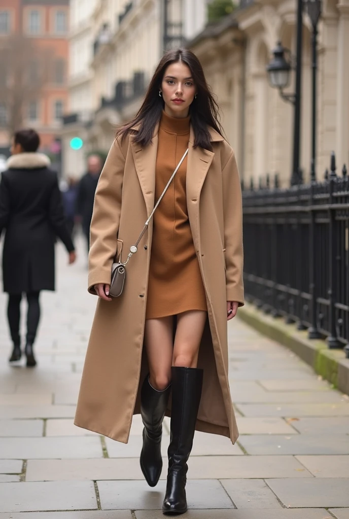 Sexy tall dark hair brunette, slightly wavy hair, 175cm tall, perfect body, in a stylish coat and boots that show off her curves, standing in a fall landscape, with leaves falling around her and a seductive gaze, raw photo, realistic UHD, 8k, realistic skin shadows, realistic skin texture, playboy photoshoot, viki odintcova