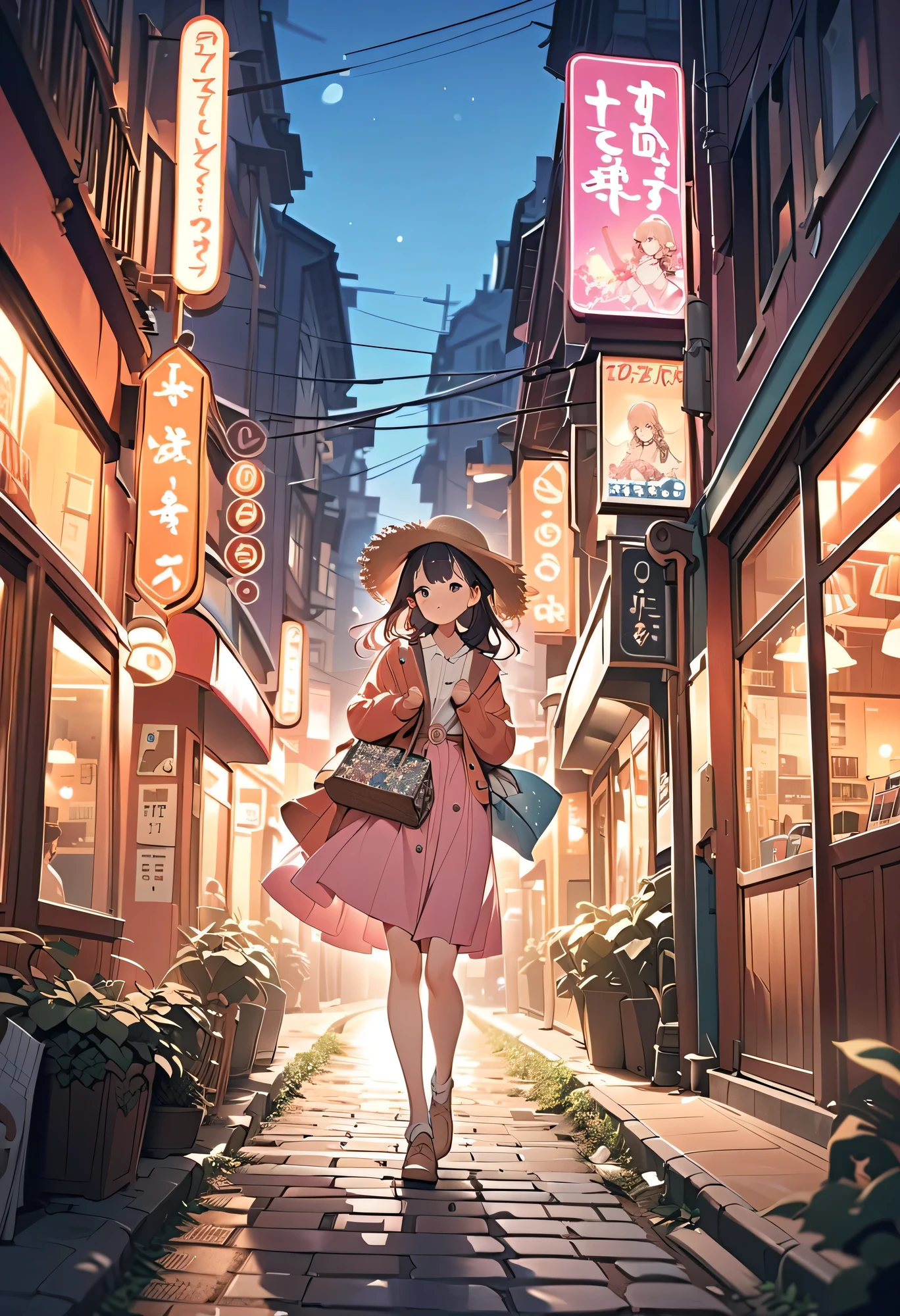 TOP QUALITY、high definition、(HD:1.2)、masterpiece、detailed background、age beauty、(very detailed face:1.3)、 detailed expressions 、(detailed eyes:1.3)、anatomically correct、(Normal number of fingers:1.3)、 Showa retro atmosphere、Nostalgic atmosphere、It looks like a scene from a movie、A retro tram slowly runs through the Showa retro cityscape、The orange light at dusk gently dyes the cobblestones, and the shopping district is illuminated with soft neon lights、The girl wears a softly swaying dress, a cardigan, and a small retro pattern bag over her shoulder、holding a yakiimo in a paper bag in her hand and blowing it while feeling hot、When the wind blows through, her straw hat seems to be blown off her and holds her in a hurry、Nostalgic atmosphereの中で静かに時が流れる、rewind the scarf tightly in the cold wind and the girl puts her foot on the steps of the retro bus、I look back and the eyes reflect neon light and I feel nostalgic It has a warm Showa air、cute