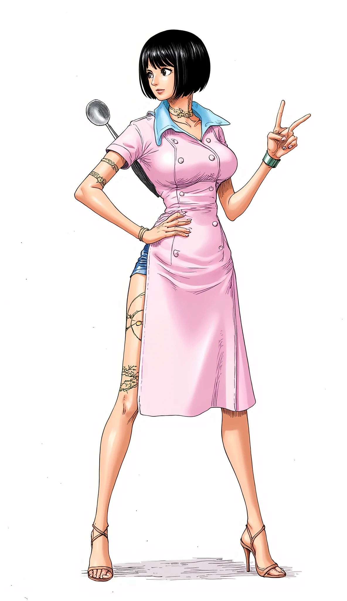 ArsMJStyle, Oil Pastels、background is stark white、on3pi3c3styl3、pastel collar、Akira Toriyama Style、32K、Alone、 alone、Semi-realistic、detailed eyes、detailed faces、full body、Big Breasts、dress character design、perfect face、Beauty、Occupation is Chef、 Chef Outfit、fighting pose、tricky design、
