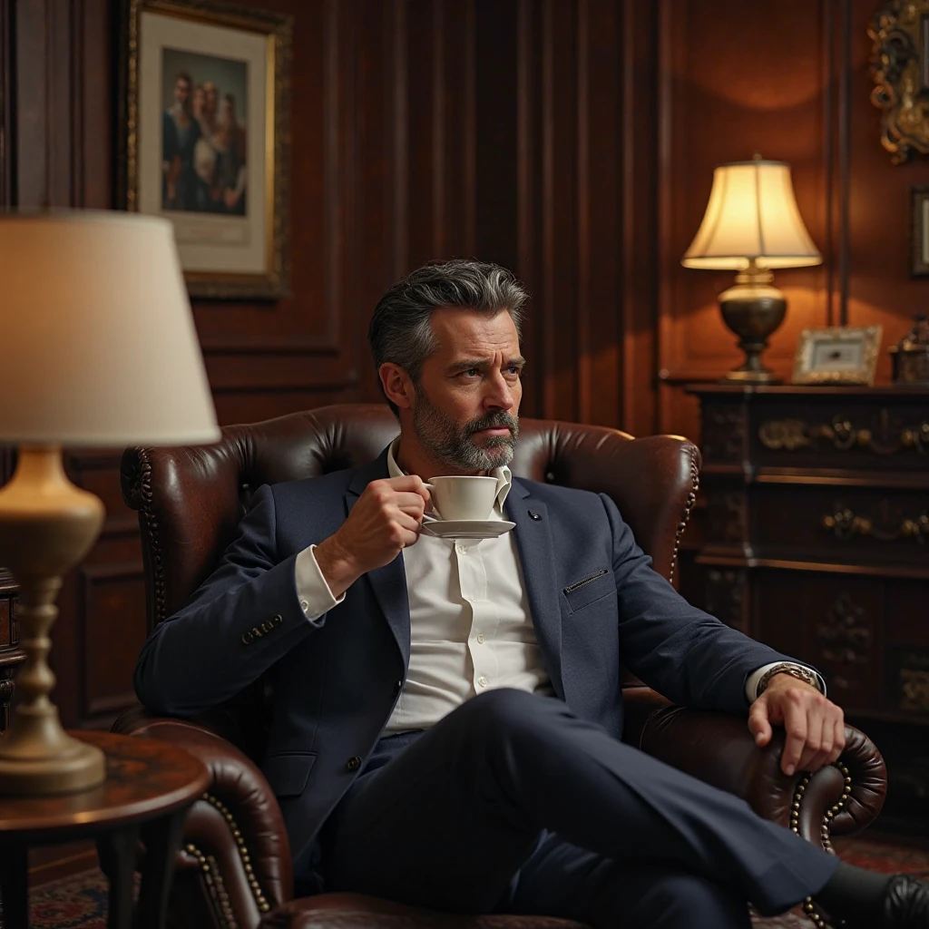 A 40-year-old Australian man with a handsome face is a businessman sitting in a leather chair in a vintage-style room, sipping coffee.