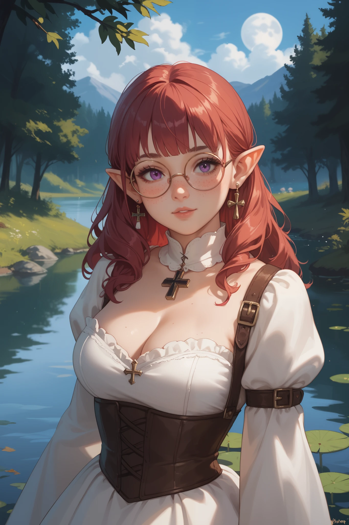 master-piece, bestquality, 1girls,, View viewers from front, HD, slight smile, big tits, cleavage, tights cloth, , tiny body, leaning forward, outdoor, mountain, wear glasses, under tits cleavage, look down, stand up, aazelda, crown braid, hairclip, pointy ears, puffy sleeves, long sleeves, black pants, tight pants, large hips, 