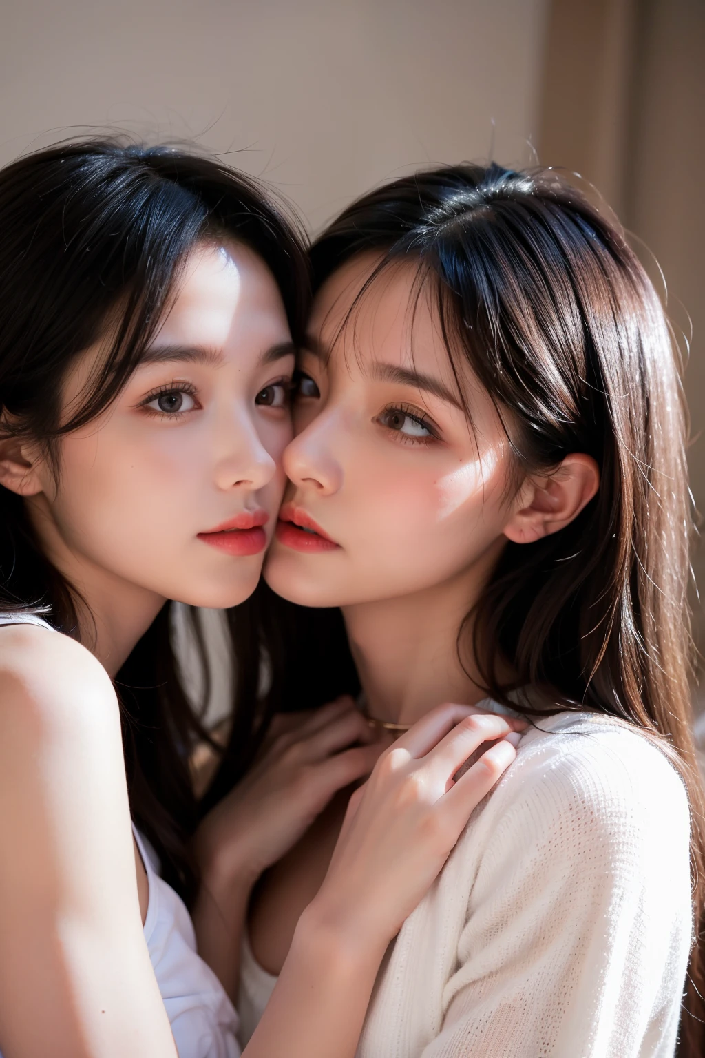 "Capture moments of passion and intimacy: Two beautiful women, I love you deeply, Hold me tight, Exchanging passionate kisses."