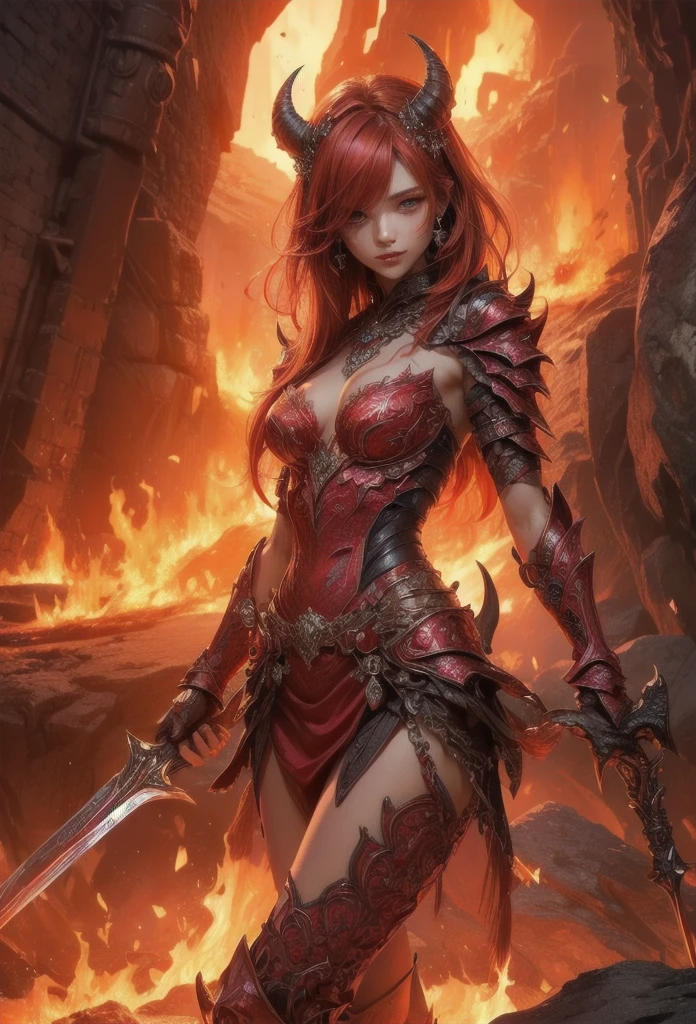 ((Highly accurate drawing in every detail)Extremely precise depiction)[High resolution],(detailed illustrations,とてもfineで緻密な描画,Delicate drawn lines with tempo,Realistic texture expression),[color traced main line],[Lava cave background [Hot hell:0.4]],HENAI ANIME (Red-skinned DemonGirl 19 years old slender muscular) Flame hair (Devil's Knight:0.8),(Bone armor [crack in the chest:0.6] [Blade of Fresh Blood:0.4]) (edge),[[dark fantasy]],(intricate and beautiful decoration [Dense detail]),(Fine and beautiful skin expression [transparency]),((Precisely drawn eyes))[完璧な目のdetailed((Beautiful eyes like jewels)Iris drawn in precise detail)[clearly drawn pupils]],[eyes light[Pinpoint lighting for the eyes]],[long and beautiful eyelashes],[precisely drawn hair [美しく艷やかな髪のdetailed]],(完璧な手のdetailed [Beautiful fingers with no damage [beautiful nails]]),(perfect anatomy(perfectly balanced proportions))[[full body portrait]],[ideal color coordination(Accurate simulation of light and material interactions)],([Precision Detail](detailed,高fine)),[Visual art that tells a story],((highest quality)fine[[High density drawing]])(4K quality).