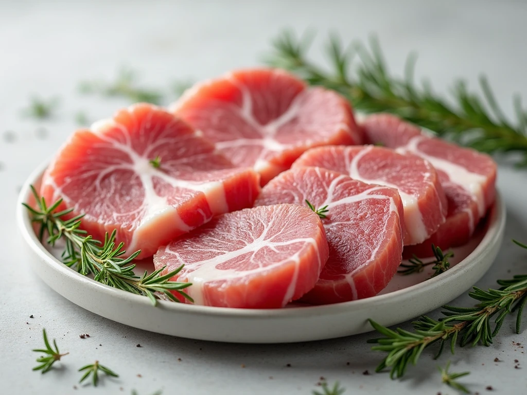 In a vibrant, sunlit kitchen, succulent slices of marbled pork belly glisten with a tantalizing sheen, captured with a Canon EOS R5 paired with a 50mm f/1.2 lens at ISO 200, shutter speed 1/125s; the rich pinks and creamy whites of the meat contrast beautifully against a rustic wooden cutting board, while soft shadows dance around the edges, inviting viewers to savor the mouthwatering texture and flavor, making it an irresistible centerpiece for any restaurant advertisement