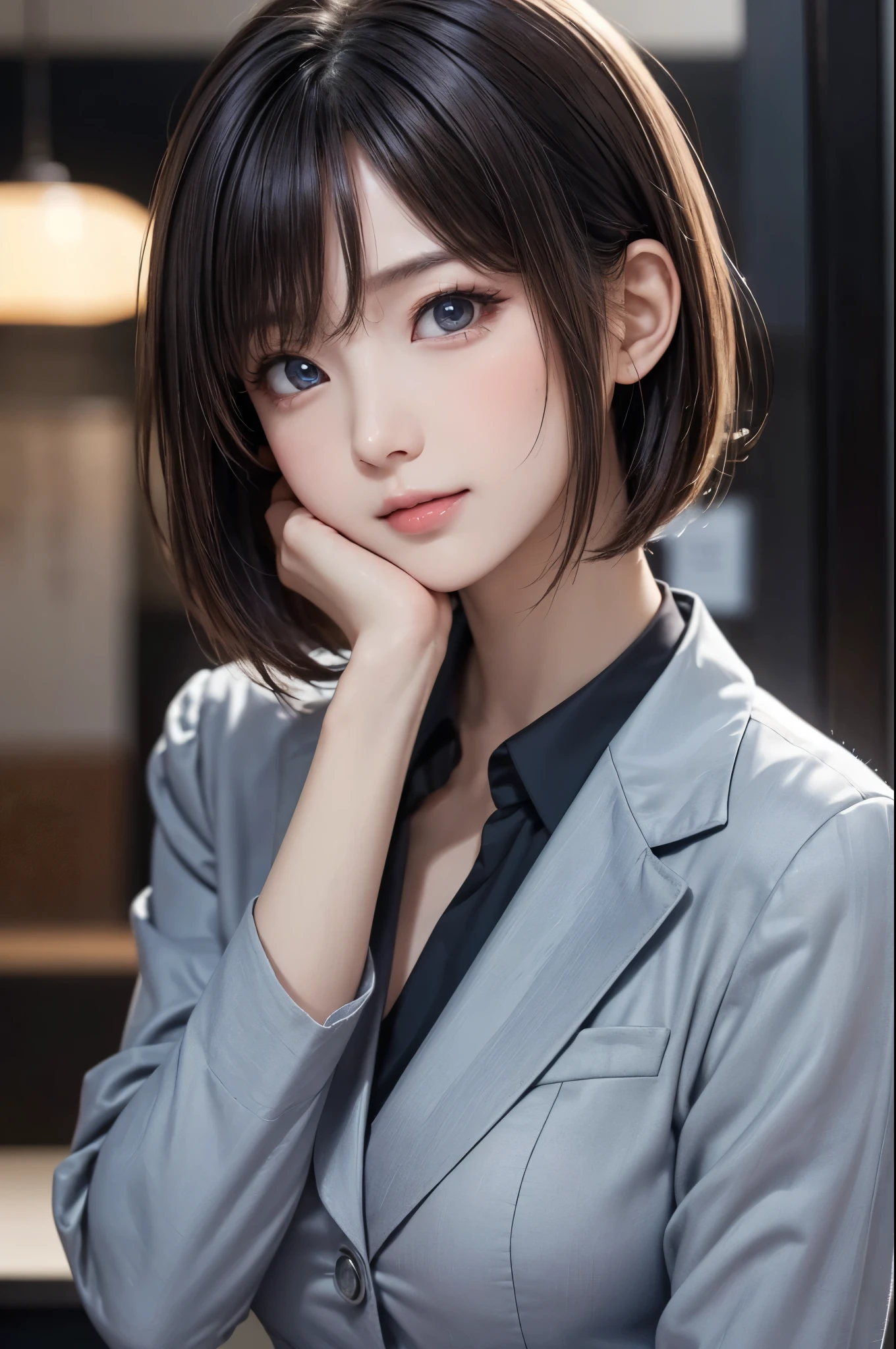 (masterpiece, highest quality:1.2), high resolution, ultra detailed, beautiful, RAW Photo, 4K, 8K, dynamic pose, portrait, cinematic lighting, 1girl, Pretty Japanese Idol, straight bob hair, (beautiful detailed eyes, perfect eyes:1.1), (beautiful detailed face:1.2), (kawaii, cute face, round face:1.3), natural makeup, beautiful glossy lips, beautiful breasts, (Glowing Skin), (((wearing a business suit))), office