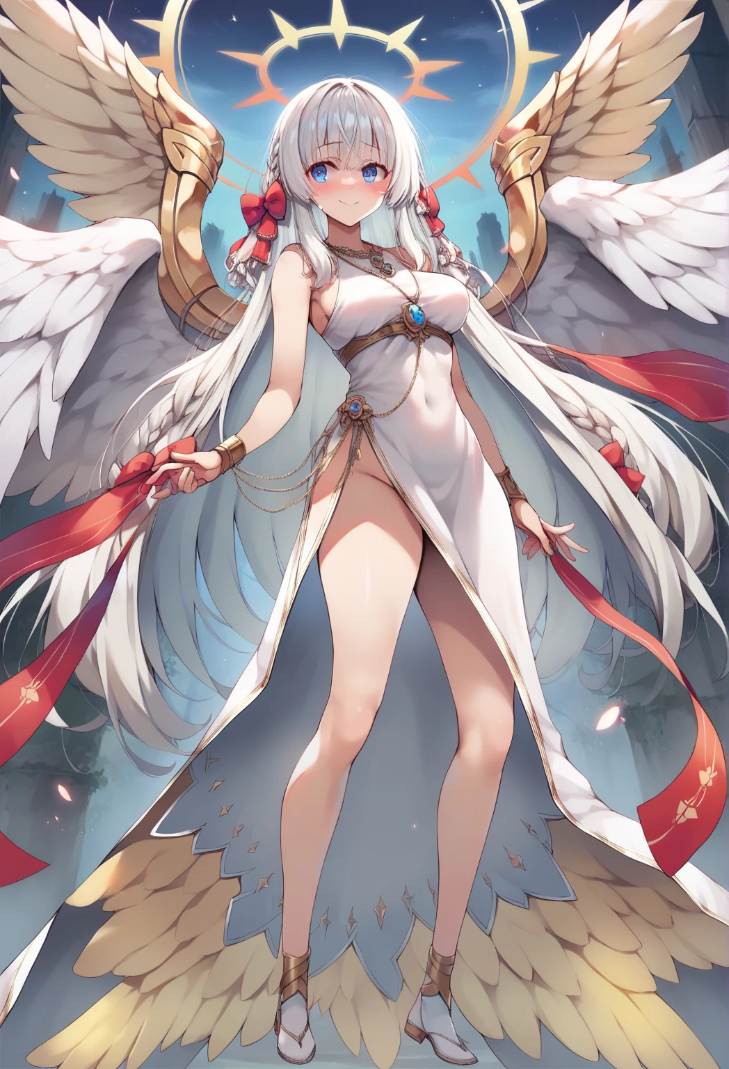 ((best quality)), ((masterpiece)), (detailed), a heavenly female knight, imposing, biblical, NSFW, long white grey hair, grey white eyes, very skinny, detailed, best quality, prominent collarbones, skinny arms, flat stomach, visible hip bones, small breasts, full body, red and white clothing, occult aesthetic, occult, detailed and intricate steampunk and detailed gothic, NSFW, Fluttering lace flared long knee length dress with frilly petticoats, knee length dress, pleated petticoats, petticoats gothic, complex lace boots, gothic aesthetic, wielding a mighty sword with mechanical components, mandalas, small breasts, a fairy, various different types of insect wings, bug wings, beetle wings, NSFW, full body, whole body, body, chains,