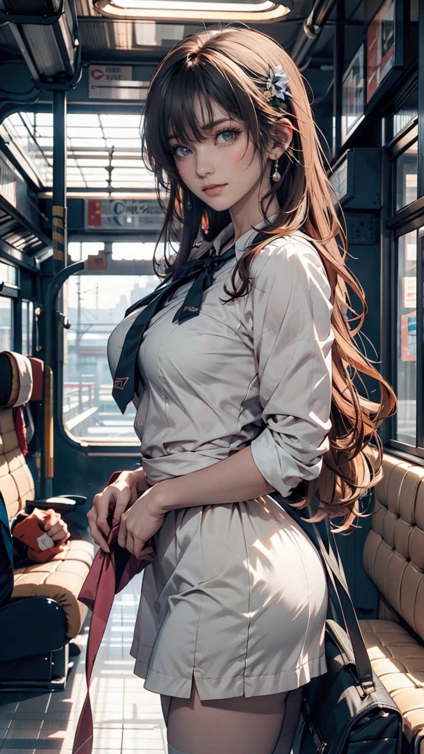 ((top quality, 8K, masterpiece: 1.3)), Sharp Focus: 1.2, Perfect Style, Beautiful, The world's most famous beautiful two sisters, waist constriction, beautiful legs, taut skin, very detailed face and skin texture, detailed eyes, double eyelids, thin cheeks, healthy skin, (layered hairstyle, dark brown hair), (exposed breasts), ((disheveled outfit and hair : 1.1)), (elegant cabin-attendant's uniform: 1.2), (large breasts), (natural breasts, natural cleavage), (in an incredibly crowded airplane)), from below, ((Intensely blushing expression: 1.1)),