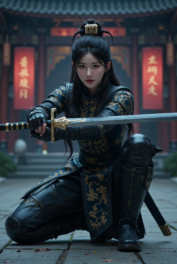 (Positive Focus), (In the Dark: 1), (Best Quality), (Realisticity: 1), Movie Poster, Realistic Skin Texture, Highly Detailed, 8k Wallpaper, Volume Lighting, Dynamic Lighting, A Girl, Black Ponytail Long Hair, Black Robe, Red Belt, Small Armor, Shoulder Armor, Waist Guard, Hand Guard, Veil, Long Sword in front of Body, Ancient Chinese Style, Short Sword at Wast, Half-squat Attack Posture, Bloodstain, Broken Clothes, Ancient Chinese Battlefield, A Group of Ancient Soldiers Chasing and Killing, Arrows Flying, War, Night, dramatic composition, sword qi surrounding, picture detail, war,