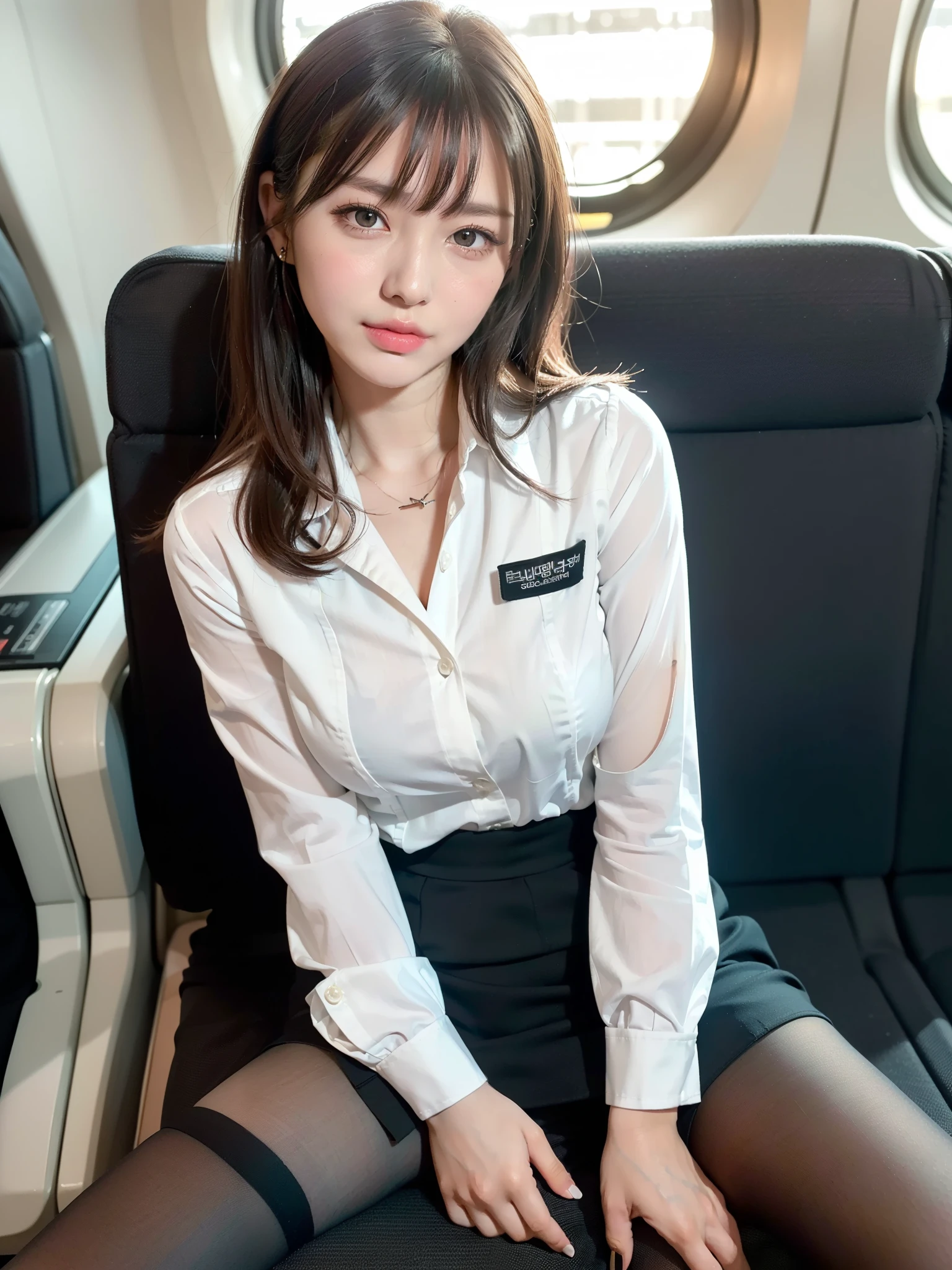 1womanl、(ultra beautiful faces:1.5)、Japan flight attendants、Clear pubic contours,spreads her legs、(Cabin Attendant Uniform)、Brown hair、Black panties、Passenger seat on airplane、At SFW