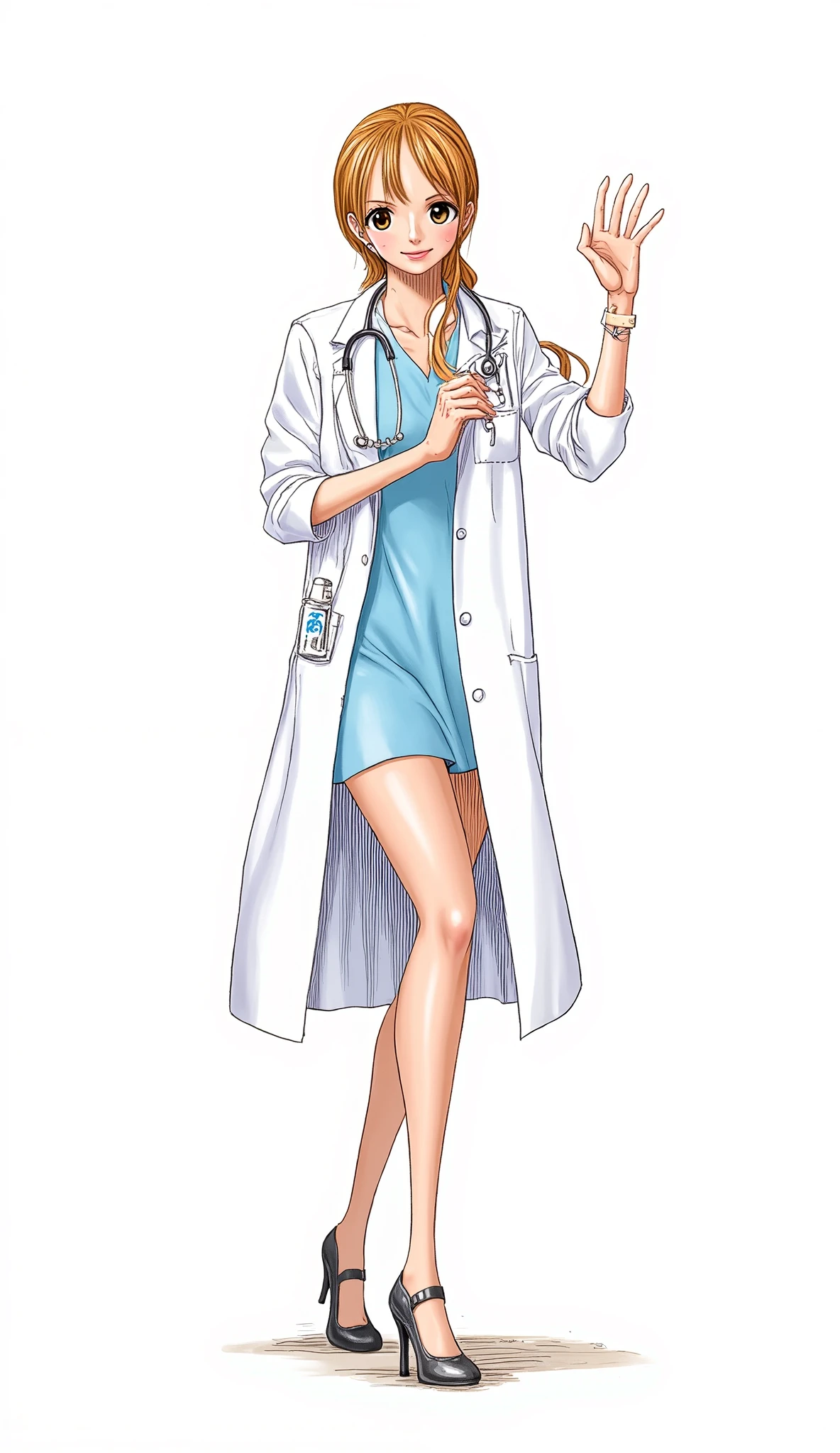 ArsMJStyle, Oil Pastels、background is stark white、on3pi3c3styl3、pastel collar、Akira Toriyama Style、32K、Alone、 alone、Semi-realistic、detailed eyes、detailed faces、full body、Big Breasts、dress character design、perfect face、Beauty、Occupation is a doctor、Doctor&#39;s attire、Doctor-like items、fighting pose、tricky design、