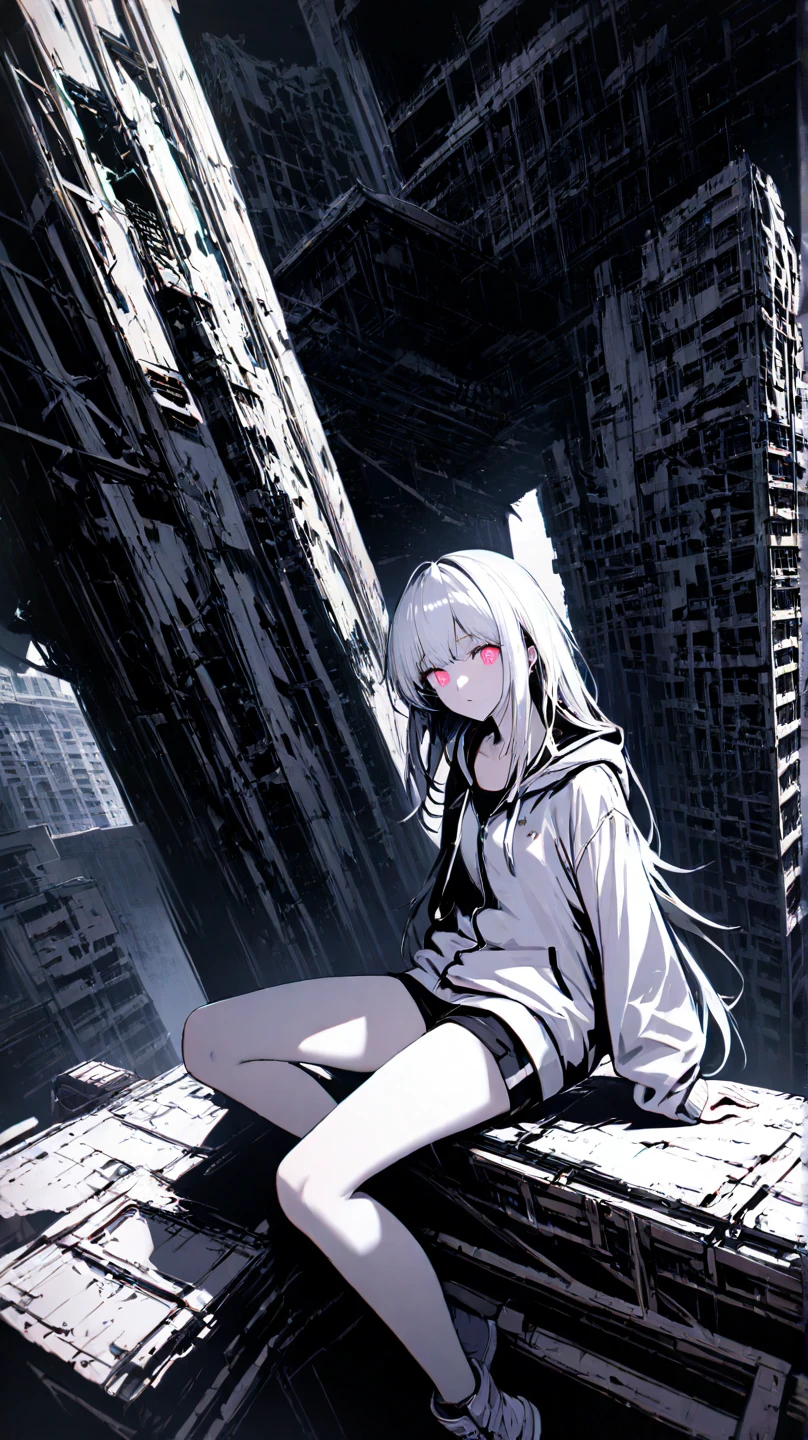 quadratic element,white long straight hair,red pupils,Loli,Fourteen years old,a black trench coat,The barefoot,no headwear,The soles of the feet are aligned with the screen,Sitting on a gray roof, overcast day,anime style cityscape, modern anime style,Anime moe art style