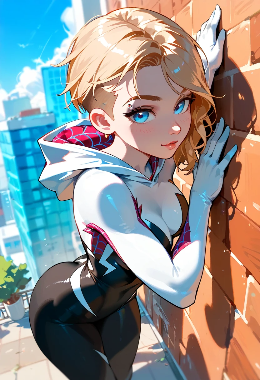 anime artwork a full body blond woman wears a bodysuit on top of a building, night, city lights background <lora:SpiderGwen1024:0.8> . anime style, key visual, vibrant, studio anime, highly detailed
