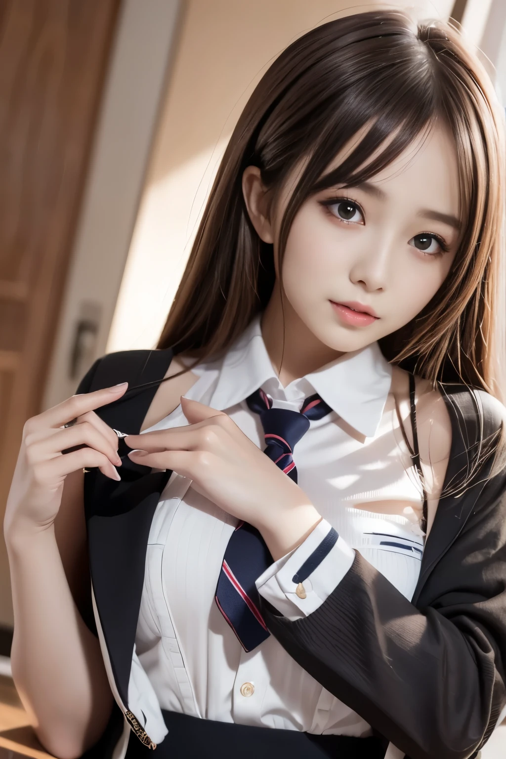 highest quality, Super detailed, high detail, High resolution, 8k wallpaper, beautiful and detailed eyes, dark makeup、natural lip, Mini skirt school uniform, perfect proportions、、topless:1.8、Upper body、portrait
