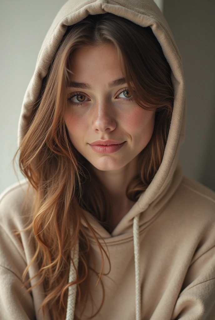 Girl of 25 years old ((brown hair with light highlights)), American Sweetheart, posing standing on feet, freckles in her face, wearing a short hoodie, vivid colors intense, ultra detailed finishes, cute aspect, intricate details, photo editorial style, high fashion, apply editorial environment, masterpiece, highest quality, high definition, luz cenital dramática, slim sexy toned body. Sus pechos y nalgas son medianos y hermosos. Usar sudadera con capucha, hooded, hoodie, pink tiny sweatshirt. Strong abs, de pie, no pantys, no underwear, figura realista en semiperfil, naughty teen, hot teen, hair in her vagina, fit body, stunning teen, lovely hot girl, innocent looking girl, hiperrealista, hottie, dark room, perfect face, perfect girl, lovely teen, girl with cute smile, beautiful girl, Caravaggio style light, hairy hirsute beautiful vagina