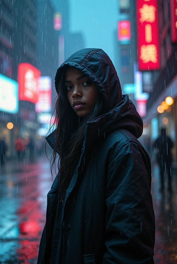 A black woman with cool-toned skin, braided brown hair, Oval face, almond-shaped eyes in a wine tone, fleshy mouth painted blood red, dressed in a black overcoat on a futuristic raining street