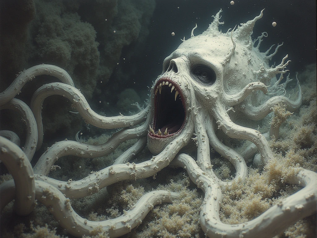 (extremadamente detallado, obra maestra, La mejor calidad), Estilo oscuro, intense illumination, rostro con arrugas, lengua larga, tentacle, deforme, monstruoso, interior de una piscina de agua verdosa, imagen submarina, alien con Colmillos finos, pico de pulpo amenazante. manchas de tinta. Rococo composition. Luz de caravaggio