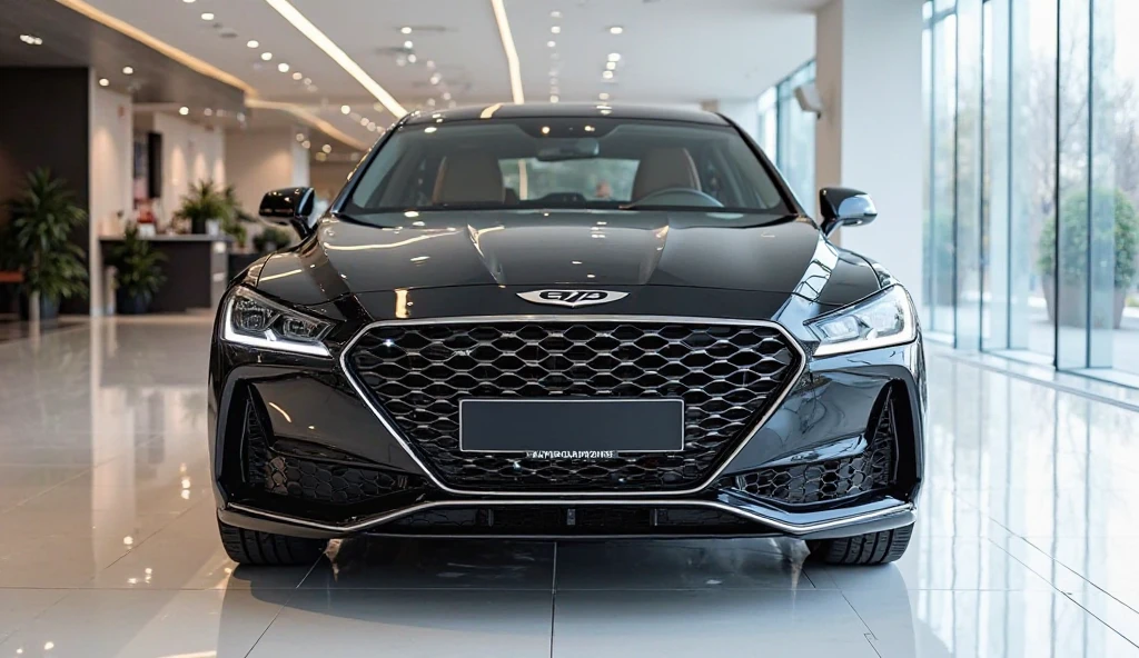 Straight front view of painted black with shiny clour 2025 ( genesis g70) sleek in large shape sedan in large size with (genesis) logo on its large detailed grille in shiny black clour with angular sporty design captured from straight front view with modified sleek backlights & with a( genesis )logo and with modified cutting edge tecnology with a plate called “(g70) with in a Luxury bright showroom with white gleamy floor Quality,with two rectungular exahust “ with very low suspension of car that touches showroom surface Super Detailed, and shining of showroom falling on car surface