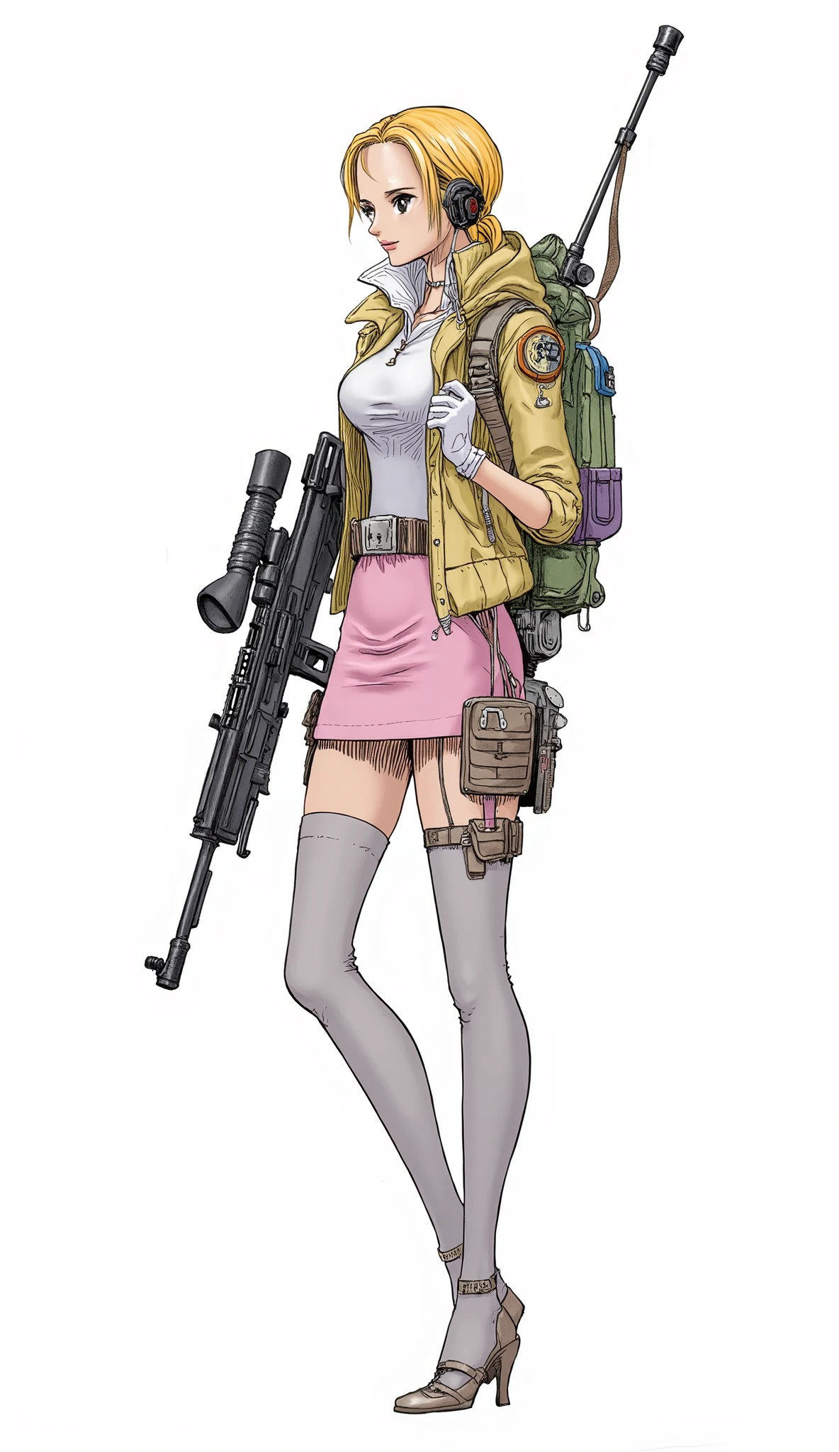 no character、ArsMJStyle, Oil Pastels、background is stark white、on3pi3c3styl3、pastel collar、Akira Toriyama Style、32K、Alone、 alone、Semi-realistic、detailed eyes、detailed faces、(full body:1.4)、Big Breasts、dress character design、perfect face、Beauty、Occupation is a sniper、Sniper Outfit、has a sniper rifle、sniper goggles、fighting pose、tricky design