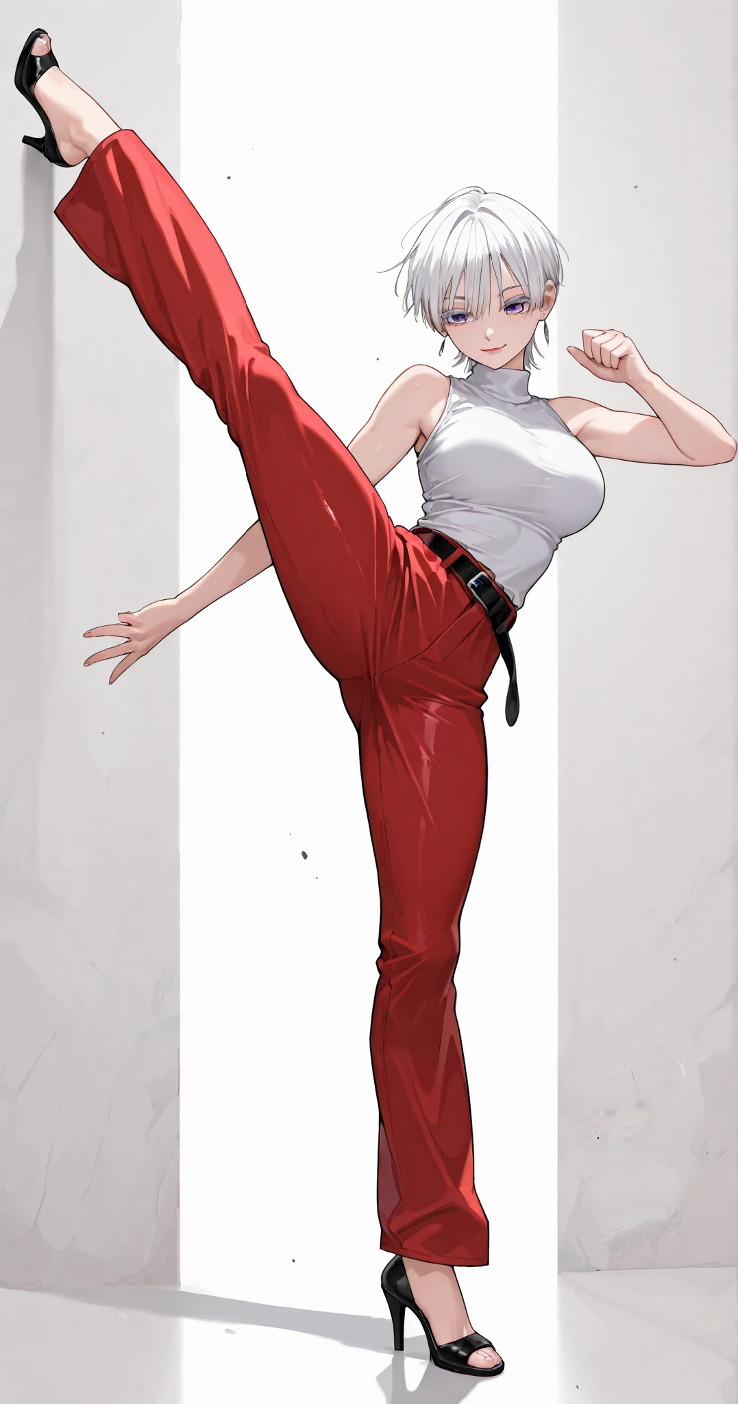 1 girl, tomboy, beautiful face, short hair, straight hair, white hair, purple eyes, reddish lips, cold eyes, slight smile, earrings, bright skin, white eyelashes, sexy body, fit body, thick thighs, long legs, slim waist, hourglass figure, very large breast, white turtleneck, sleeveless, red flared formal pants, leather belt, black short flat heels, toes out, detailed, perfect high kick, proper form, flexible, full body, plain white background