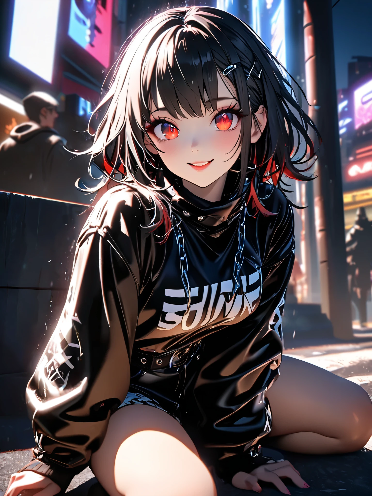 Anime girl sitting on the ground with red eyes and black hair - SeaArt AI