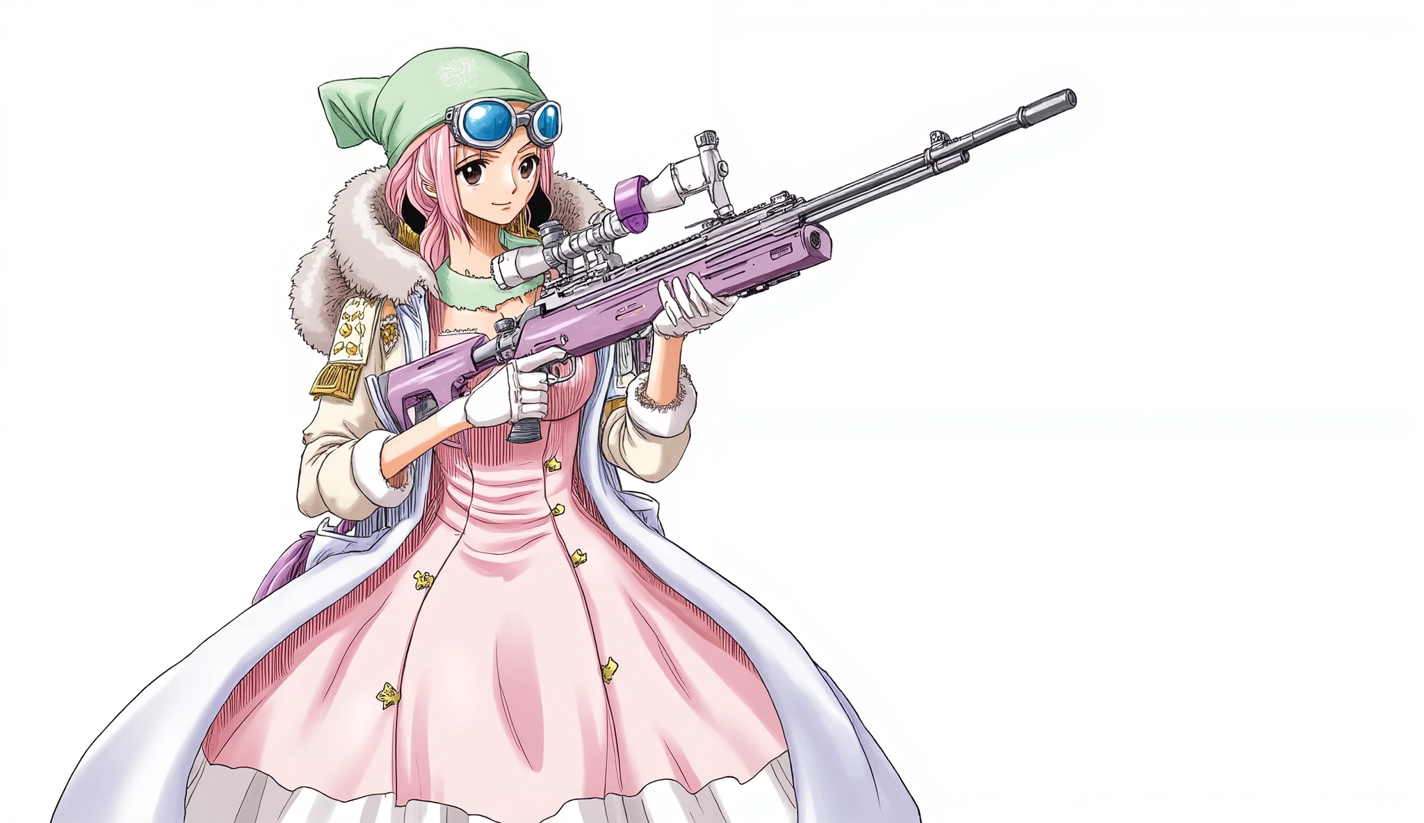 no character、ArsMJStyle, Oil Pastels、background is stark white、on3pi3c3styl3、pastel collar、Akira Toriyama Style、32K、Alone、 alone、Semi-realistic、detailed eyes、detailed faces、(full body:1.4)、Big Breasts、dress character design、perfect face、Beauty、Occupation is a sniper、Sniper Outfit、has a sniper rifle、sniper goggles、fighting pose、tricky design