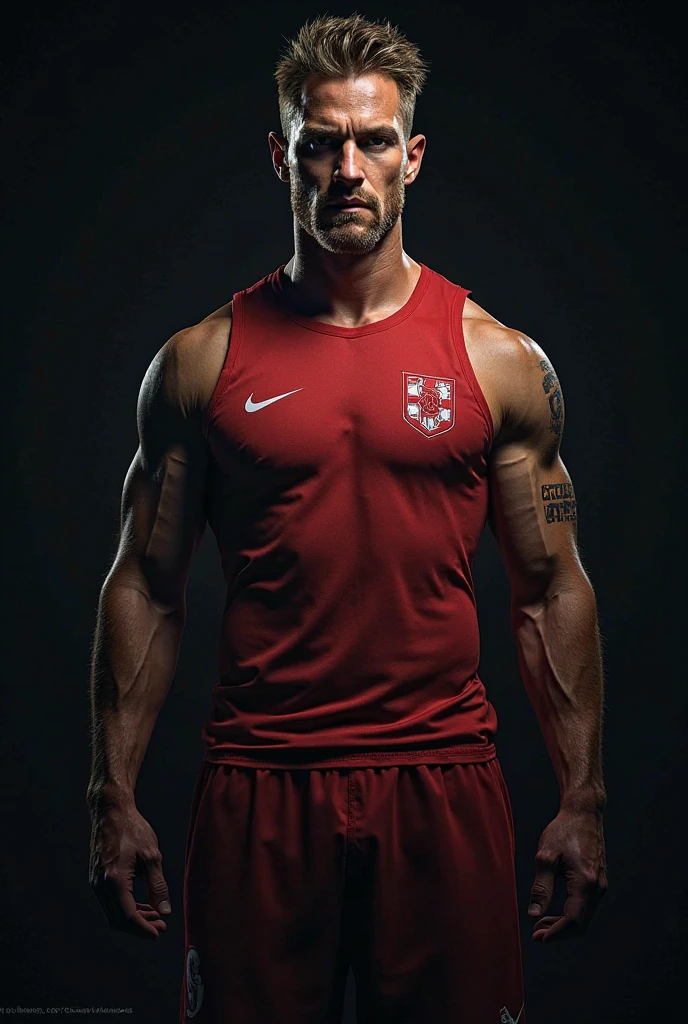 Male Alpha male, top, handsome, muscle body, sweating, soccer short bright red football, skating, little beard, gym, in dominant attitude, cock bulge