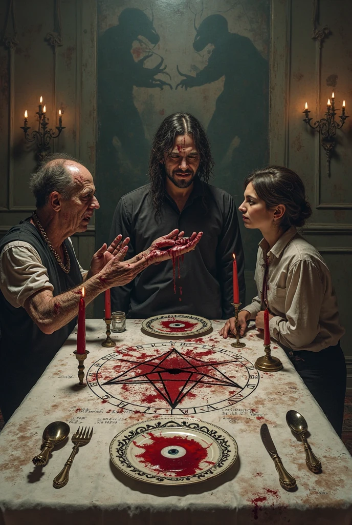 Three 20-year-old friends, inside the sect with blood and skull candles, people in dark robes