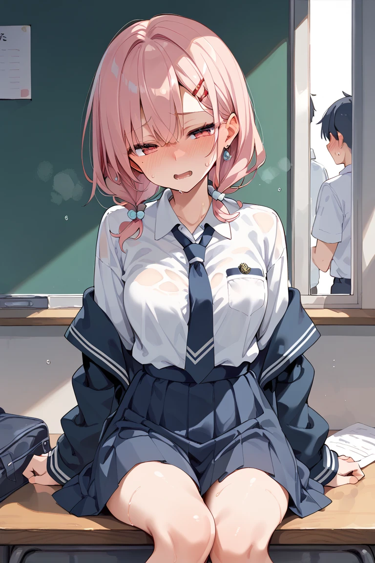 (highest quality), (masterpiece), Only nipples exposed, Maid clothes, Photographed directly from the front, turn your body towards you, pink hair, long hair, pink panties, light blue panties, kind gal, sit on a chair, There is a desk in front of her, troubled face, classroom, black uniform, black skirt, barefoot, sole