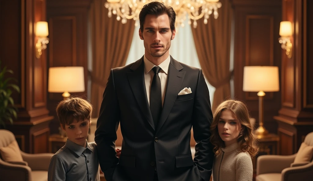 ((half body)) Photo RAW Ceo Man in Movie 007 ), wearing black suit, doing model pose, (wearing Dark Beard) movie scene, (Impeccable), tanned and curly body, Serious and elegant man, Actor Jamie Dornan, with thick male eyebrows, secret agent 007 man style, (with mysterious and serious face,) short dark hair, elegant and elegant, body fit and strong fit in suit, Man similar to actor Jamie Dornan, ( high quality and realistic image), ((Best Quality, 8k, Masterpiece). Picture of a couple with a 17-year-old trainee secretary. White. Sexy. Naive. Innocent.