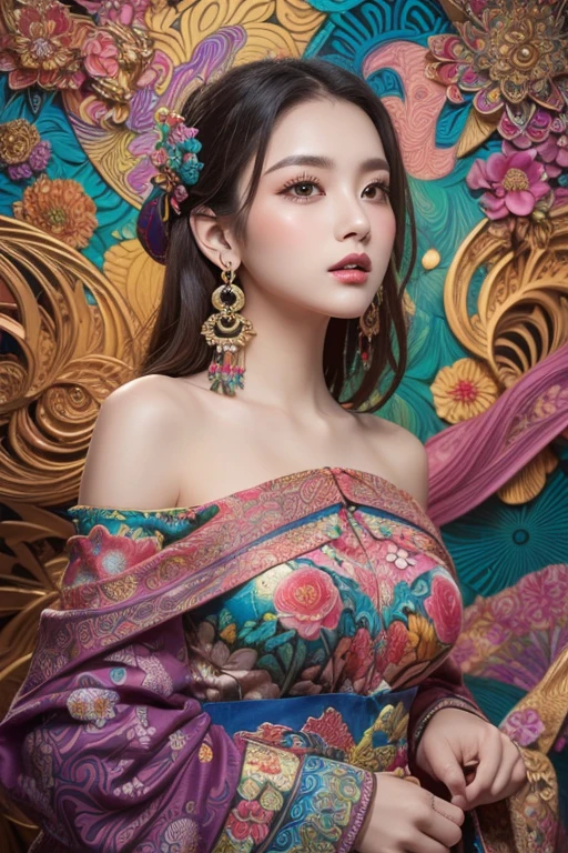 (masterpiece, top quality, best quality, official art, beautiful and aesthetic:1.2), (1girl:1.3), smiling, extremely detailed,(fractal art:1.1),(colorful:1.1)(flowers:1.3),highest detailed,(zentangle:1.2), full body, (abstract background:1.3), (shiny skin), (many colors:1.4), ,(earrings), (feathers:1.5),