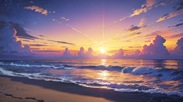 calm sea, crystal clear sea, white sand, resort, (sunset: 1.2), ((natural lighting)), clear focus, (long shot: 1.1), watercolor, painting, (summer: 1.2), incoming clouds, horizon