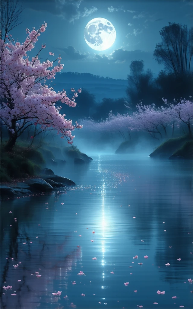 A peaceful riverside with blooming cherry blossoms under a full moon ...