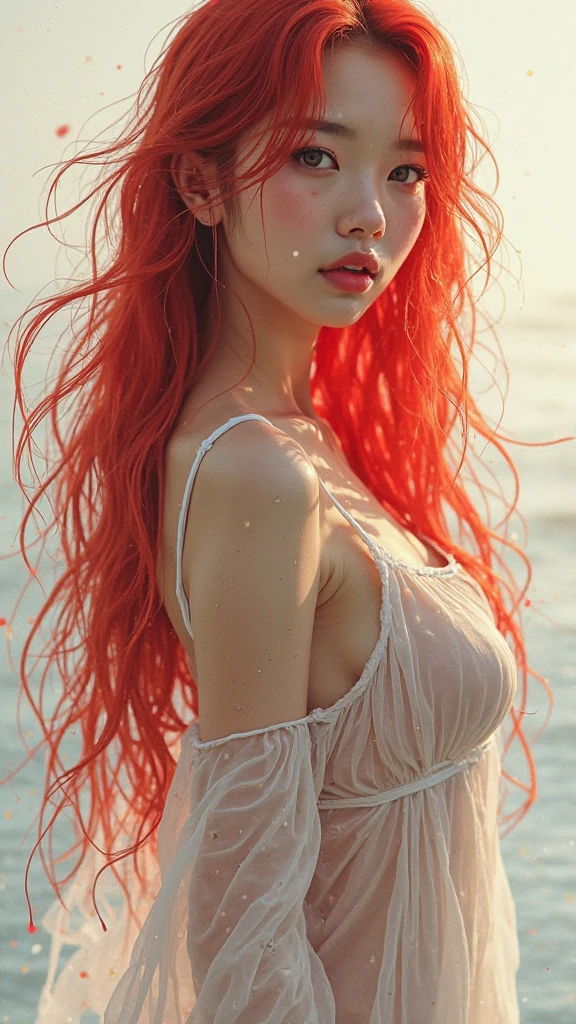 Beautiful handsome woman, ((top quality, 8k, masterpiece:1.retty woman, 1woman, huge breasts:1.3, slender figure:1.1, elastic red long hair, (shower, wet body, wet clothes:1.1), very detailed face, detailed lips, detailed eyes, double eyelids, detailed blue eyes, extremely detailed outstanding blue eyes, red wet hair, red wet hair, detailed outstanding BLUE EYES, innocent stare at the viewer, extremely wet red hair, detailed outstanding BLUE EYES