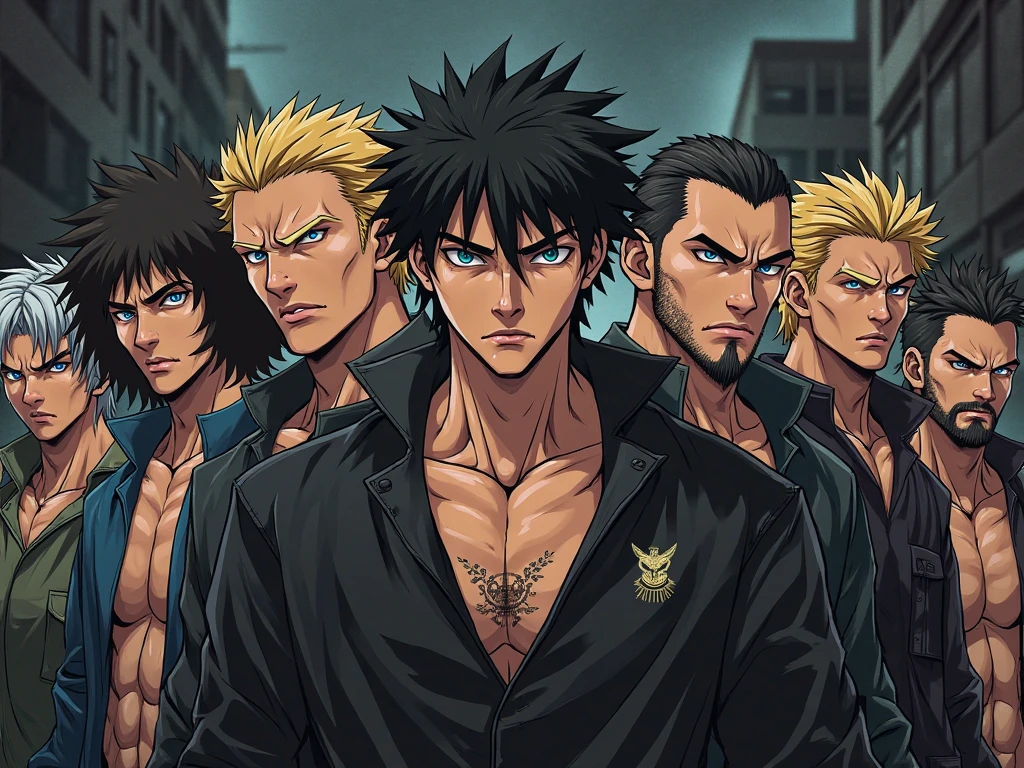Um homem de cabelos pretos, wearing no shirt, yellow coat, with a team . In steampunk anime style