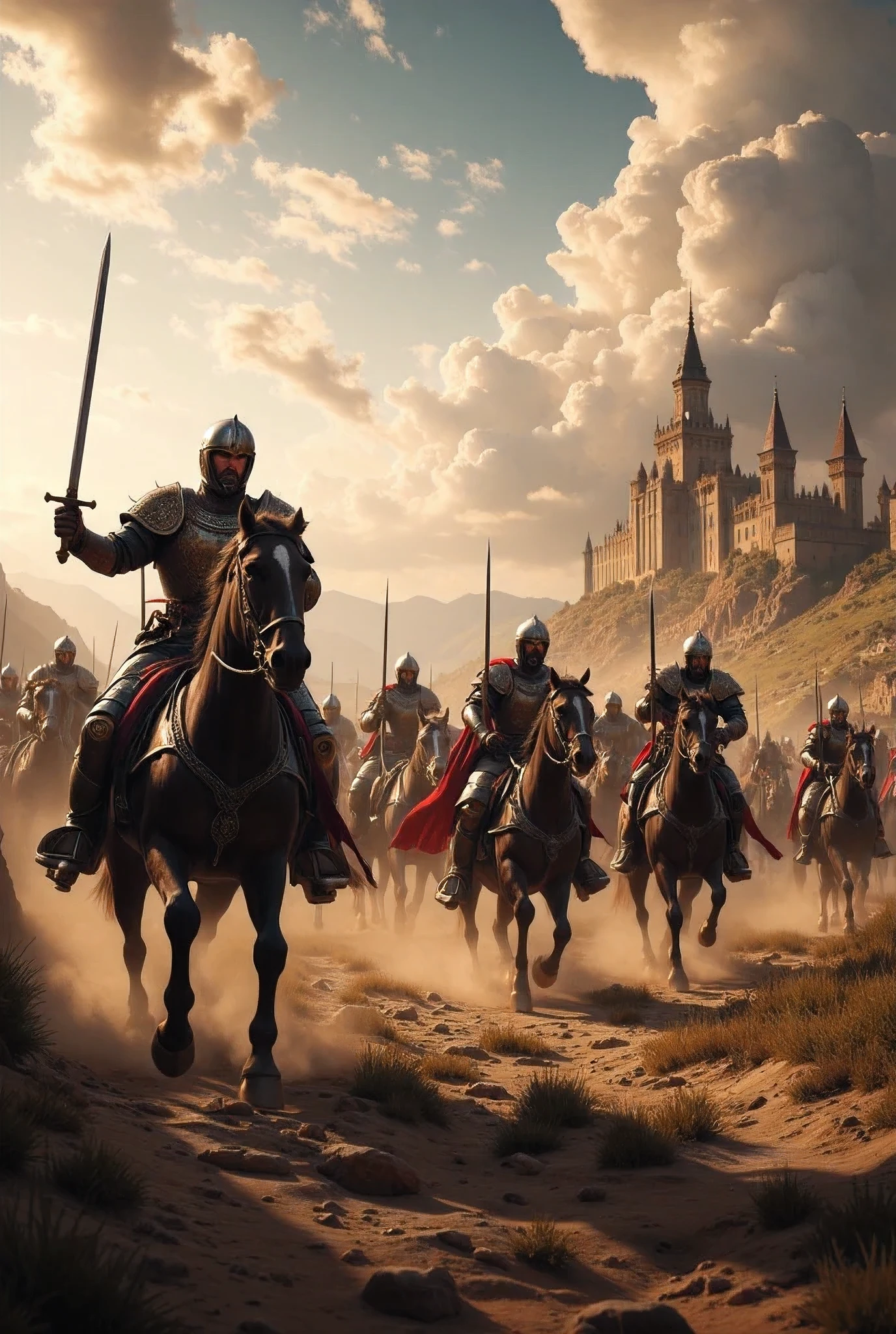 **Prompt:** Create a hyper-realistic panoramic image set in a medieval battlefield where passionate Christian Crusader cavalry units are charging forward. Focus on the intricately detailed armor of the horses and the broad swords held by the mounted crusaders. The composition should utilize a symmetrical balance with central leading lines that draw the viewer's eye into the dynamic action. Incorporate various mixed lighting elements to enhance the dramatic atmosphere, capturing the essence of the ancient era. Utilize Unreal Engine 5 to achieve ultra-realistic textures, ensuring depth in the scenery, and convey the powerful energy of the cavalry charge. Aim for a wide-angle cinematic shot that provides a breathtaking view of the battleground with a backdrop of imposing castles and an expansive landscape.