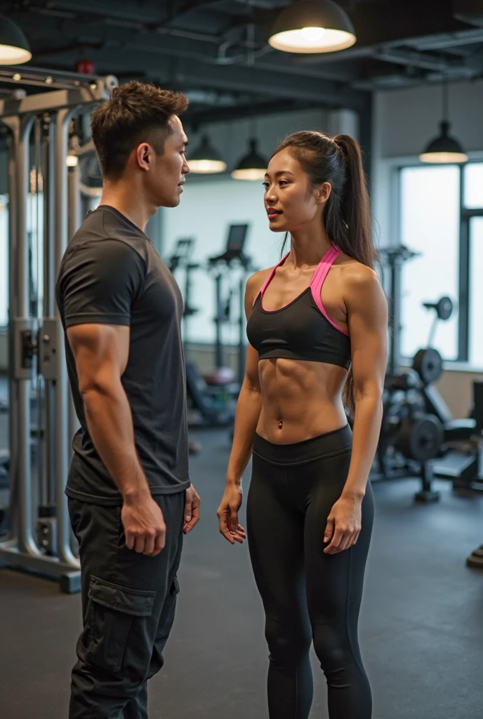 1girl 1man, armwrestling, anime style, (smiling) wearing ((shirts)), in a gym, effort and straining, sweating bodybuilder, muscular, veiny muscle, <lora:armwrestling:1>, A stunning intricate full color portrait of , analog style, sharp focus, natural lighting, subsurface scattering, f2, 35mm, film grain