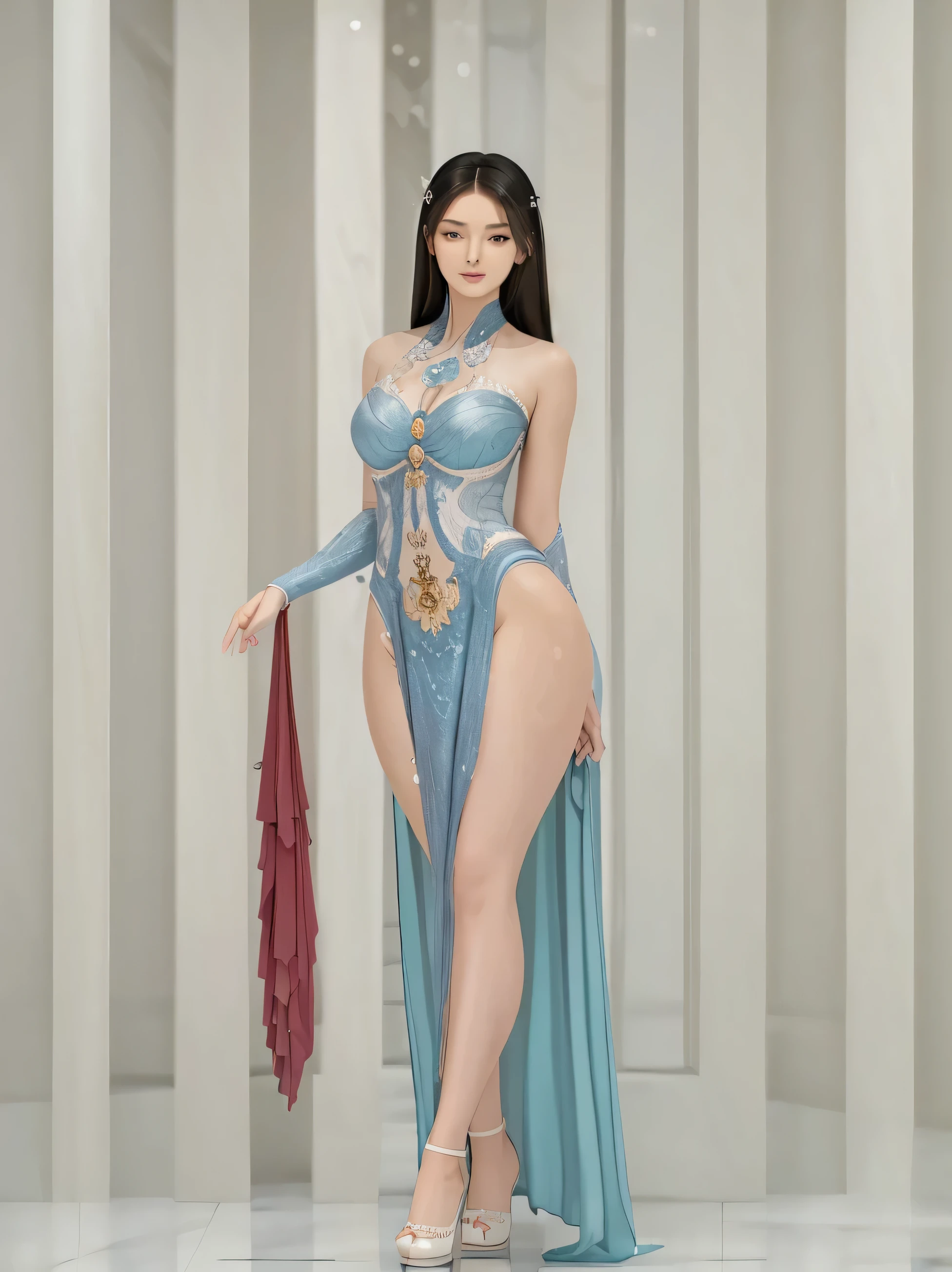 a beautiful women Roman mythology Roman Temple goddesses Platinum hair Longhaire Dragon full full body Chest emphasis beauty legs Dragon Sendangul Water droplets mandala ornament White dress