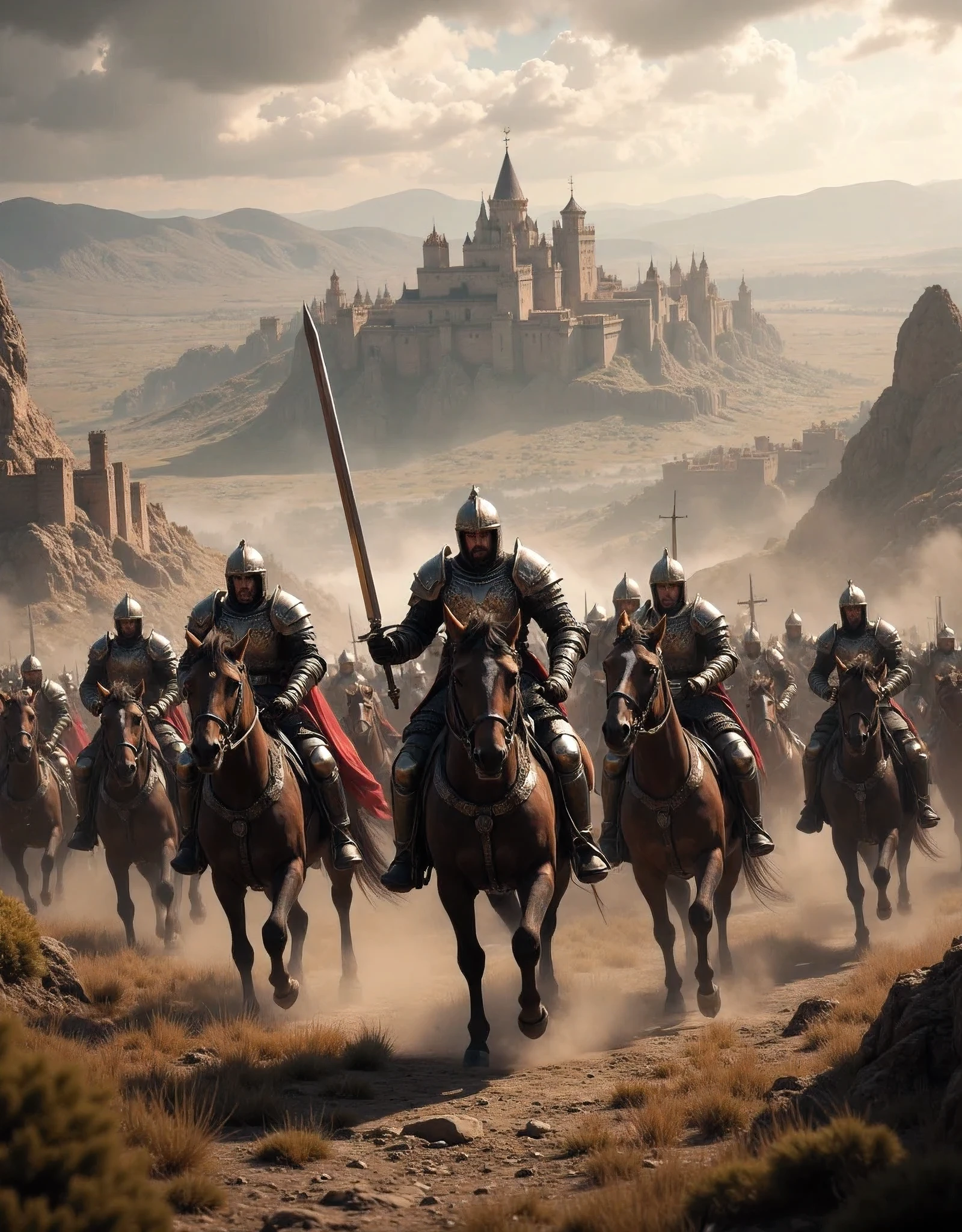 **Prompt:**     Create a hyper-realistic panoramic image set in a medieval battlefield where passionate Crusader cavalry units are charging forward. Focus on the intricately detailed armor of the horses and the broad swords held by the mounted warriors. The composition should utilize a symmetrical balance with central leading lines that draw the viewer's eye into the dynamic action. Incorporate various mixed lighting elements to enhance the dramatic atmosphere, capturing the essence of the ancient era. Utilize Unreal Engine 5 to achieve ultra-realistic textures, ensuring depth in the scenery, and convey the powerful energy of the cavalry charge. Aim for a wide-angle cinematic shot that provides a breathtaking view of the battleground with a backdrop of imposing castles and an expansive landscape.
