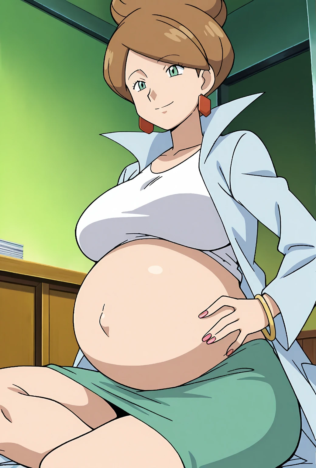 looking at the camera、When I Look at You、lookatviewer、Anime Style、Eroge、1 Girl,  (Huge breasts), (Long skirt dress、cardigan)、Low Angle、Brown haired, hair band、Bob Hair、The forehead is visible、blush,The whole body is visible:1.5、Cleavage、Pregnant belly、From below:2