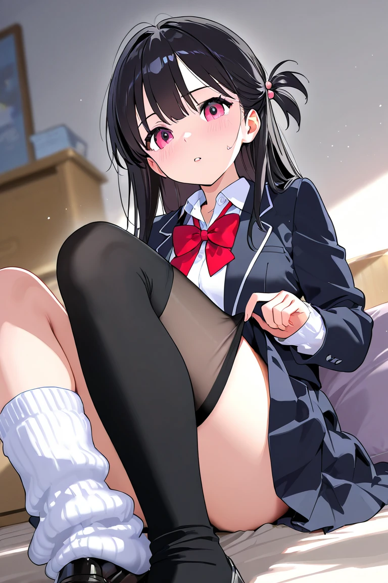 alone, One girl, Crown braids in the same color as your hair, hair ornaments, Hair Ribbon, Pink tie, Black long sleeve, Pink Skirt, Knee socks, Cleavage, bed、Black Hair、(Sleeping comfortably with both eyes closed:1.5)、(blush)