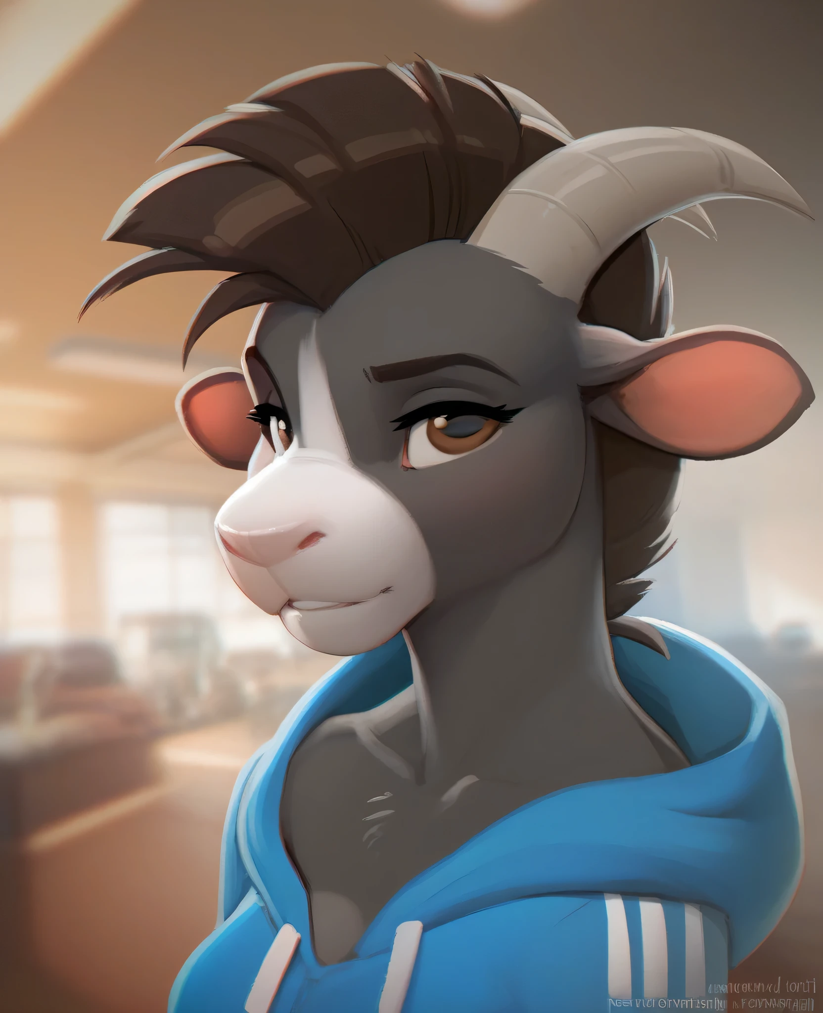 artist: zaush. a goat, woman , dark brown hair, mohawk hairstyle, brown eyes, dark grey fur , pink vagina, grey horns , White nose, white nose, vertical stripe on the nose, nude, dressed in a blue hoodie, hands behind your head, stretches , is worth.