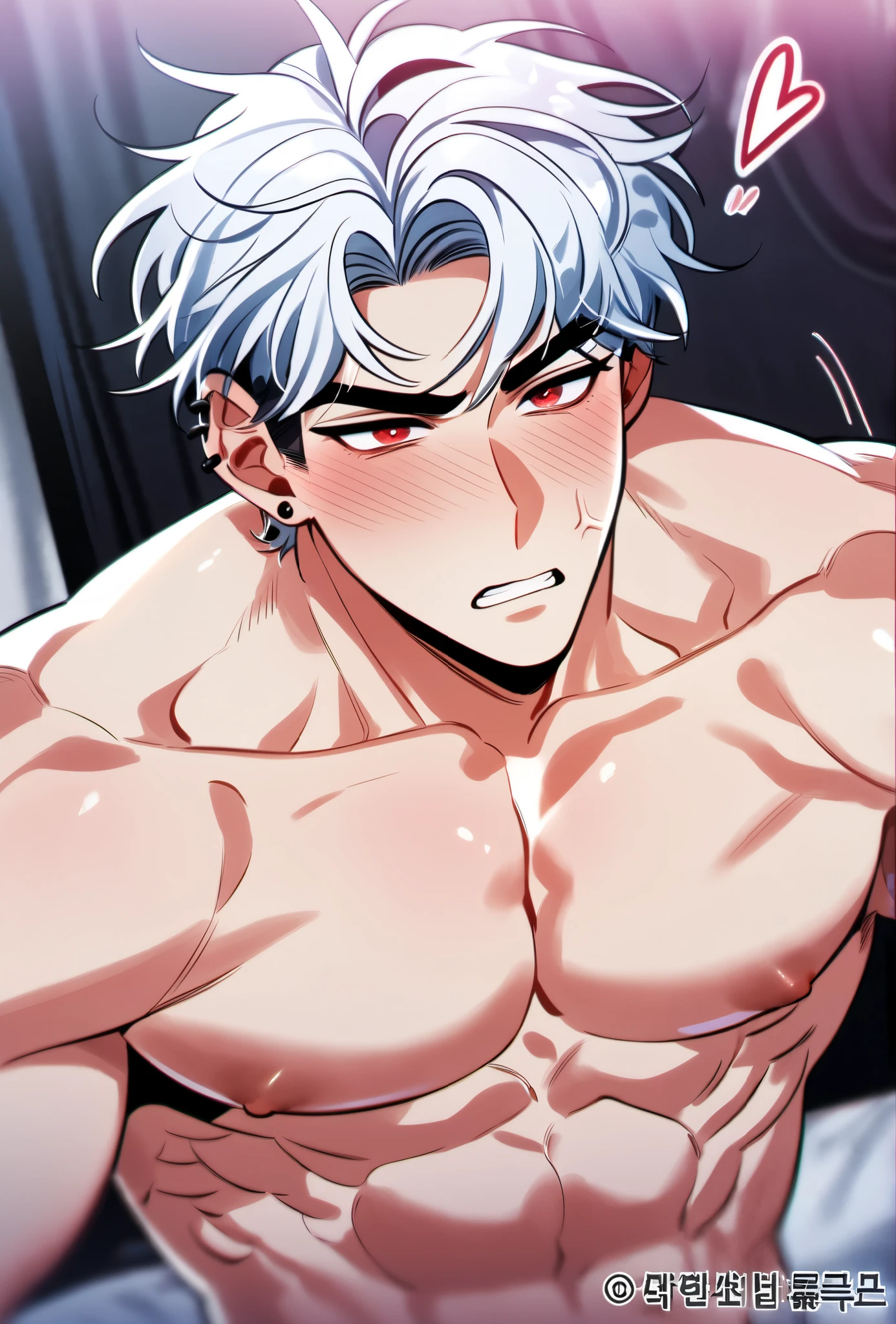 absurdres, highres, ultra detailed, HDR, master piece, best quality, detailed eyes, delicated features, Manhwa Style, Kang Woojin, Galaxy hair, messy medium hair, expressive ,thin eyebrows, Love Jinx, solo, sexy man, handsome, sensual, ear piercings, bare chest, toned chest, Blush, Jealous, Anger Vein, Yandere, tatto, Red Eyes, full body six-pack abs, gay, room, muscular, mafia style, hairy armpits, armpits hair