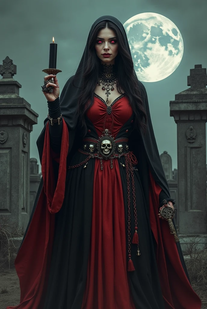 Beautiful 20 year old woman with short messy wavy black hair, wearing a red and black corset and black cloak with gothic qualities, standing in a cemetery at night with fog holding an old style lantern, red lipstick, realistic skin texture, cross neckless, looking at camera, Gothic Art, photo realistic, 8k