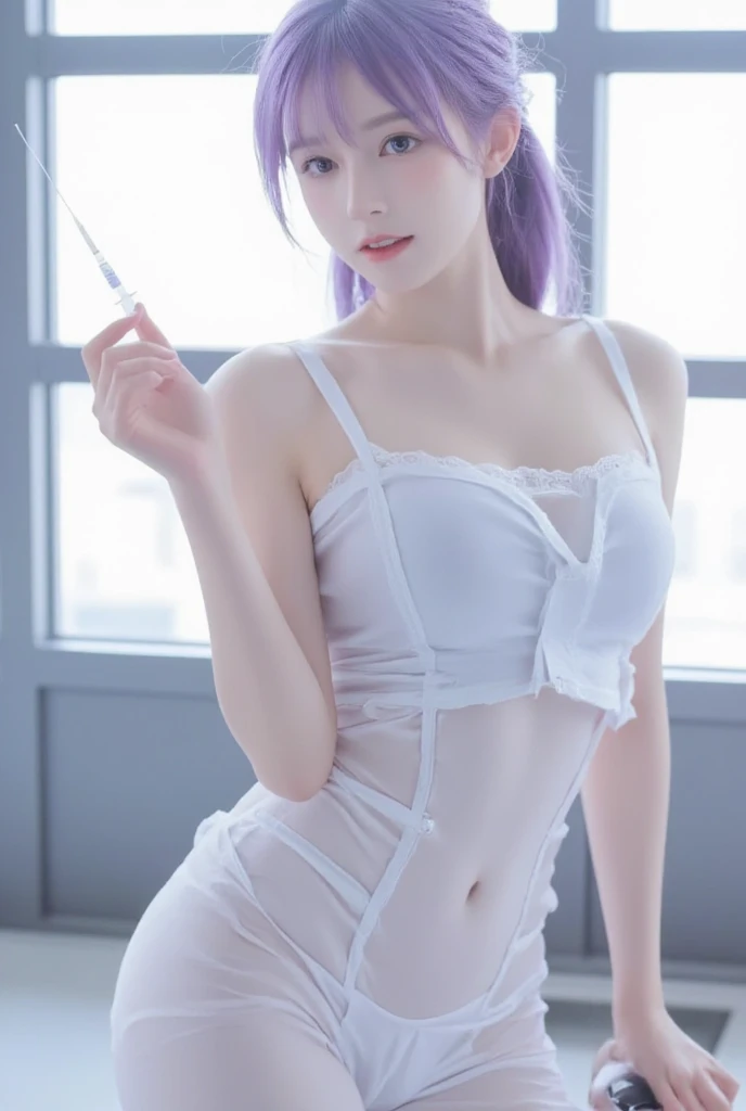 8K, Ultra-high resolution, Highest quality, masterpiece, 三分割法によるphotograph,Surreal, photograph, 1 Girl, (16 years old:1.3), pretty girl, Cute face, 細部まin美しい目, In detail,masterpiece,, One Girl:1.2, Japan Female Announcer, ((Highest quality, 8K, Tabletop: 1.3)),{{Tabletop}},figure,Highest quality,the Extremely Detailed CG Unity 8K Wallpapers,One Girl_一人in,full_body,from_Downに,look up_in_Audience,look up_Down,(White Pantyhose:1.3),(No shoes:1.3),bed,Purple hair,Twin tails,露出したDown着,window,hair_ribbon,Strong Rim Light,Camel Toe,