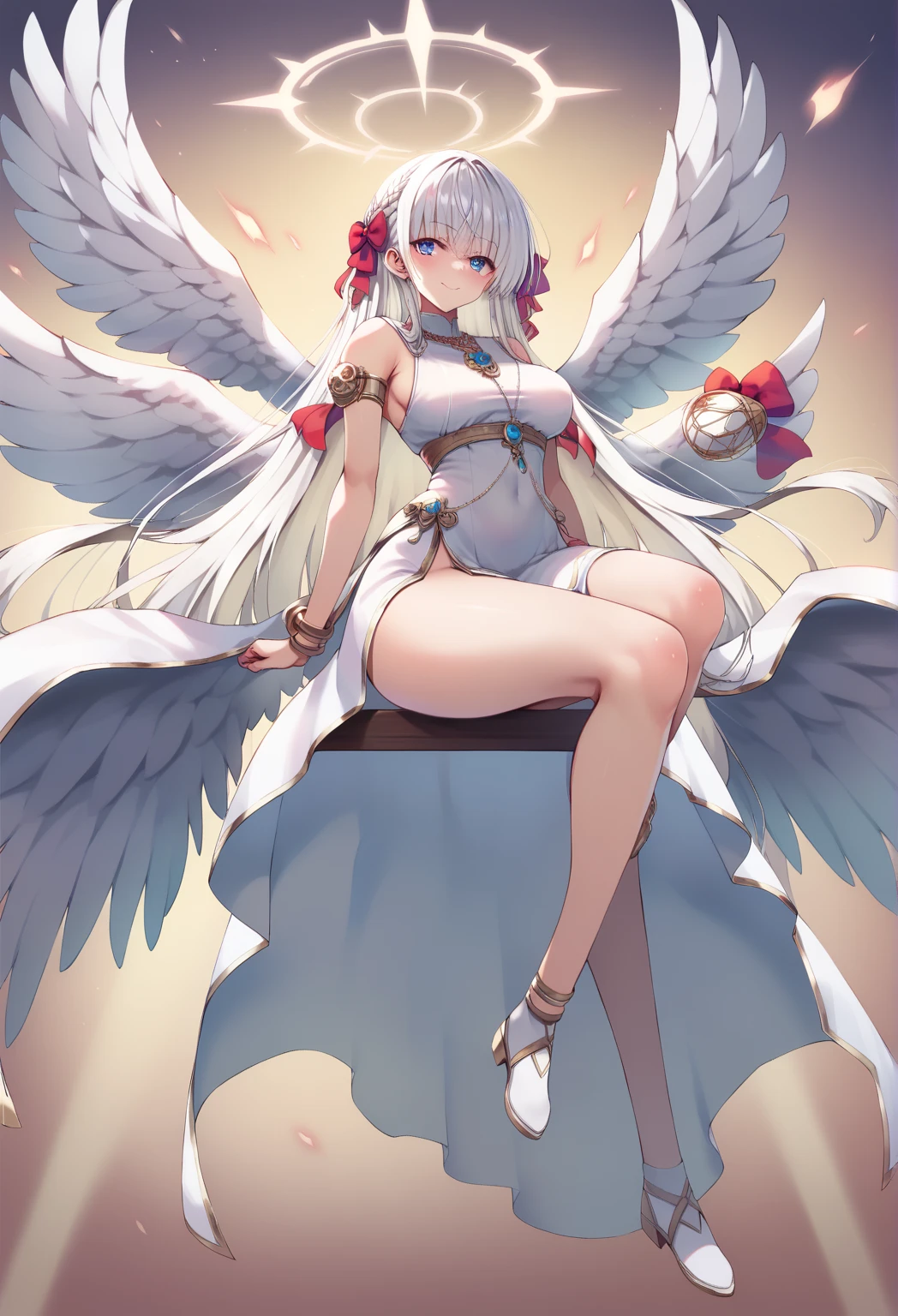 4K,High resolution,one woman,harpy,white light blue hair,long ponytail,big breasts,white wings,golden toenails,Queen,Queenのティアラ,black underwear,black bra,side boob,Black high-leg shorts,Jewelry Decoration,in the forest