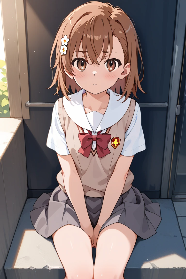 (Masterpiece, Best Quality:1.2), 1 girl, Alone,standing_to divide, Mikan Yuuki, Brown eyes, Brown hair, short hair, surprised face, hair ornament,wide, sports uniform, School

