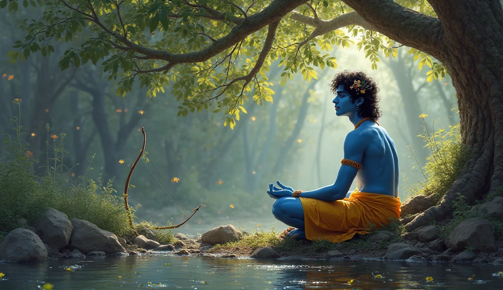 Picture a serene landscape with a large banyan tree at its center, its roots spreading wide and deep, offering shade and shelter. Underneath the tree, Krishna is seated in deep meditation, his eyes closed, and a gentle smile on his lips. The Yamuna River flows quietly nearby, with lotus flowers blooming along its banks. The entire scene is bathed in a soft, golden light of the setting sun, creating an atmosphere of tranquility and divine peace. This image represents the ultimate state of acceptance in relationships, free from expectations, where peace and happiness naturally follow. the person should be of blue skin colour