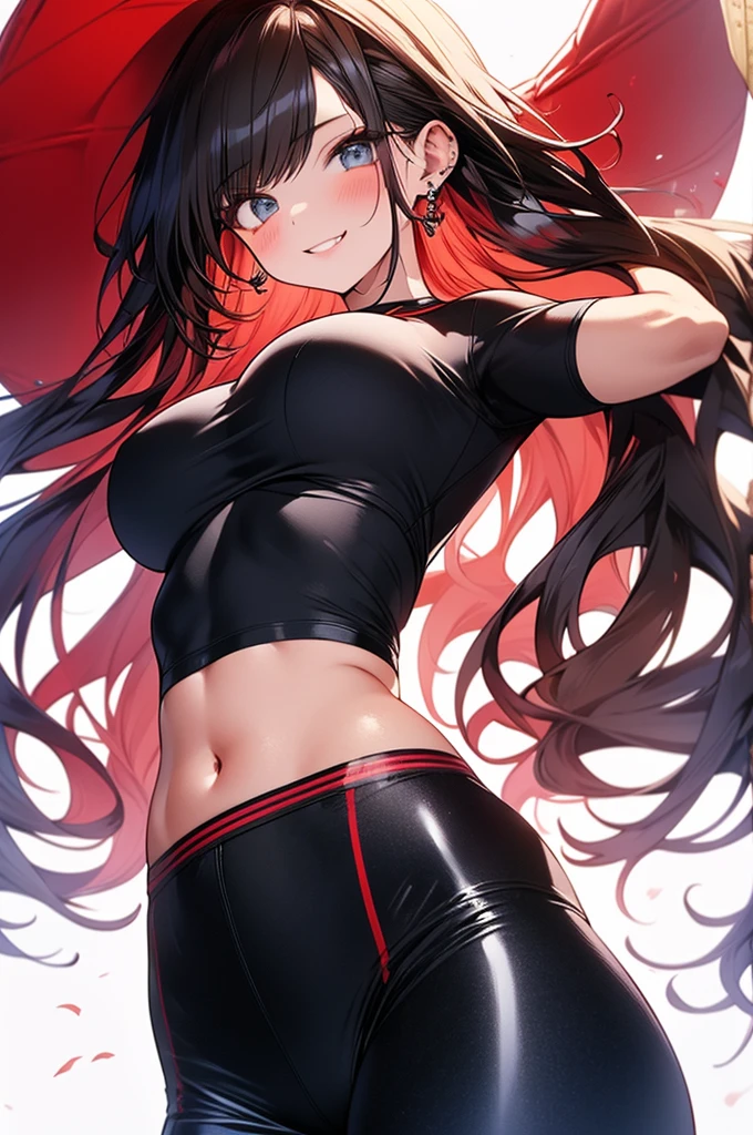 anime panel,upper body, 1girl, adult, solo Korean, black curly hair with red highlights(long hair), red slanted eyes, sexy clothes, piercing, necklace, hair illuminated by sunlight, park background , scary